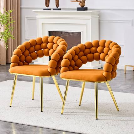 Front. Loheer - Loheer Orange Velvet Dining Chairs Set of 2, Bubble Barrel Accent Chairs for Dining Room Kitchen, Gold Legs, 2.1 ft - Gold,Orange.