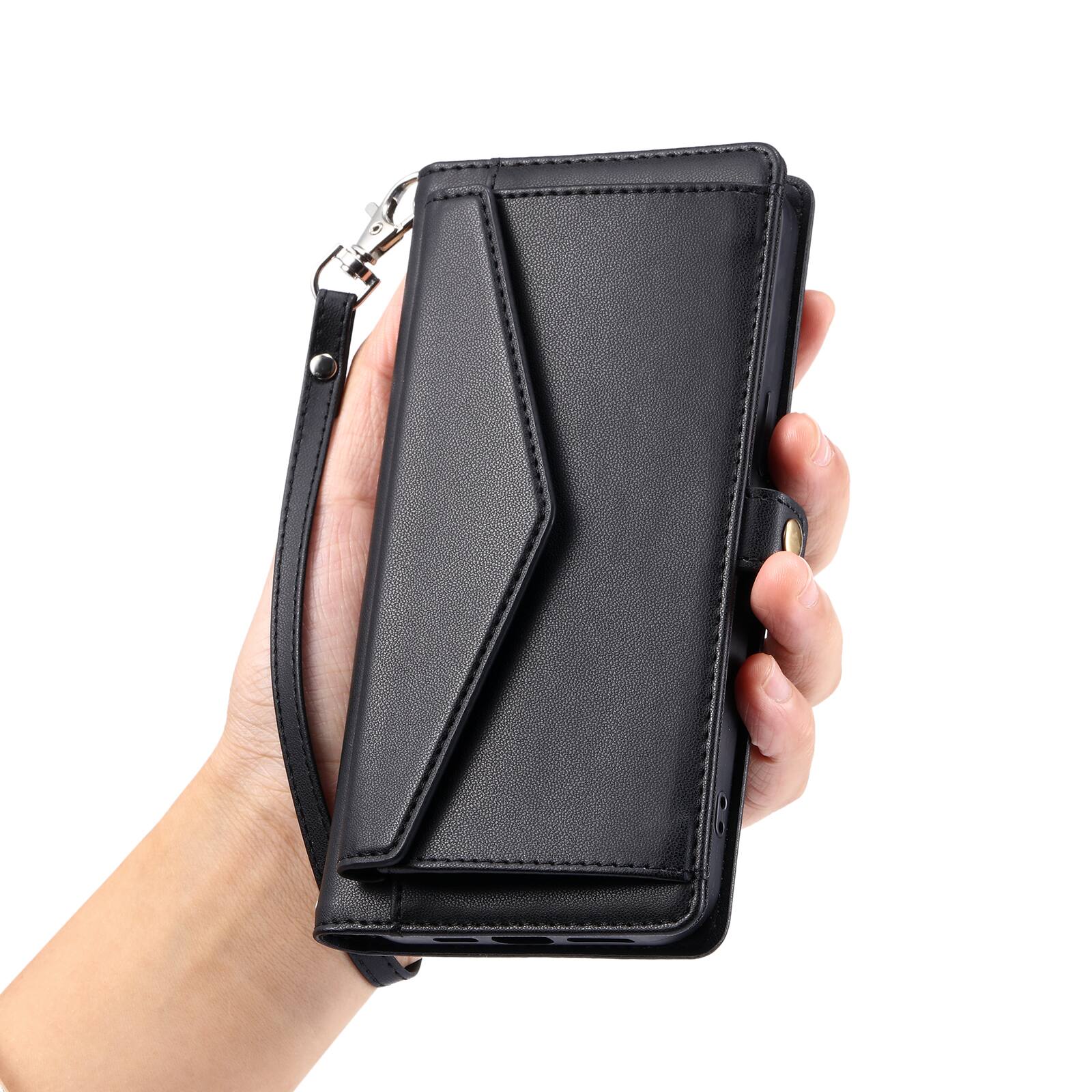 Alt View 3. Dteck - Foilo Wallet Case for Apple iPhone 17,Shockproof Card Holder PU Leather Magnetic Snap Phone Cover with Lanyard - Black.