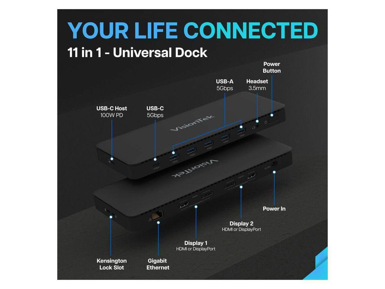 YOUR LIFE CONNECTED  
11 in 1 - Universal Dock  
Power Button  
USB-A 5Gbps  
Headset 3.5mm  
USB-C Host 100W PD  
USB-C 5Gbps  
VisionTek  
Power In  
Display 2 HDMI or DisplayPort  
Display 1 HDMI or DisplayPort  
Kensington Lock Slot  
Gigabit Ethernet