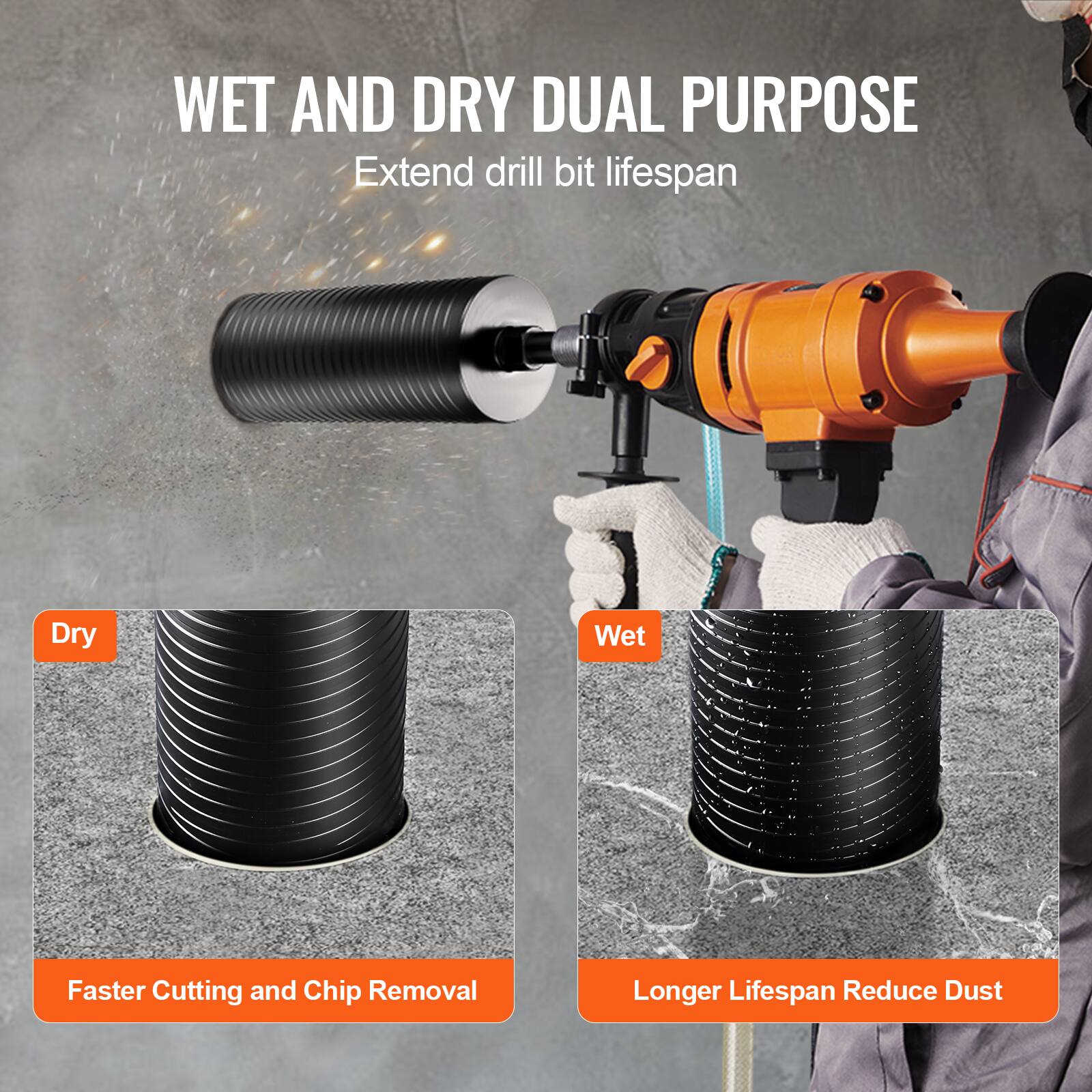 WET AND DRY DUAL PURPOSE  
Extend drill bit lifespan  

Dry  
Faster Cutting and Chip Removal  

Wet  
Longer Lifespan Reduce Dust