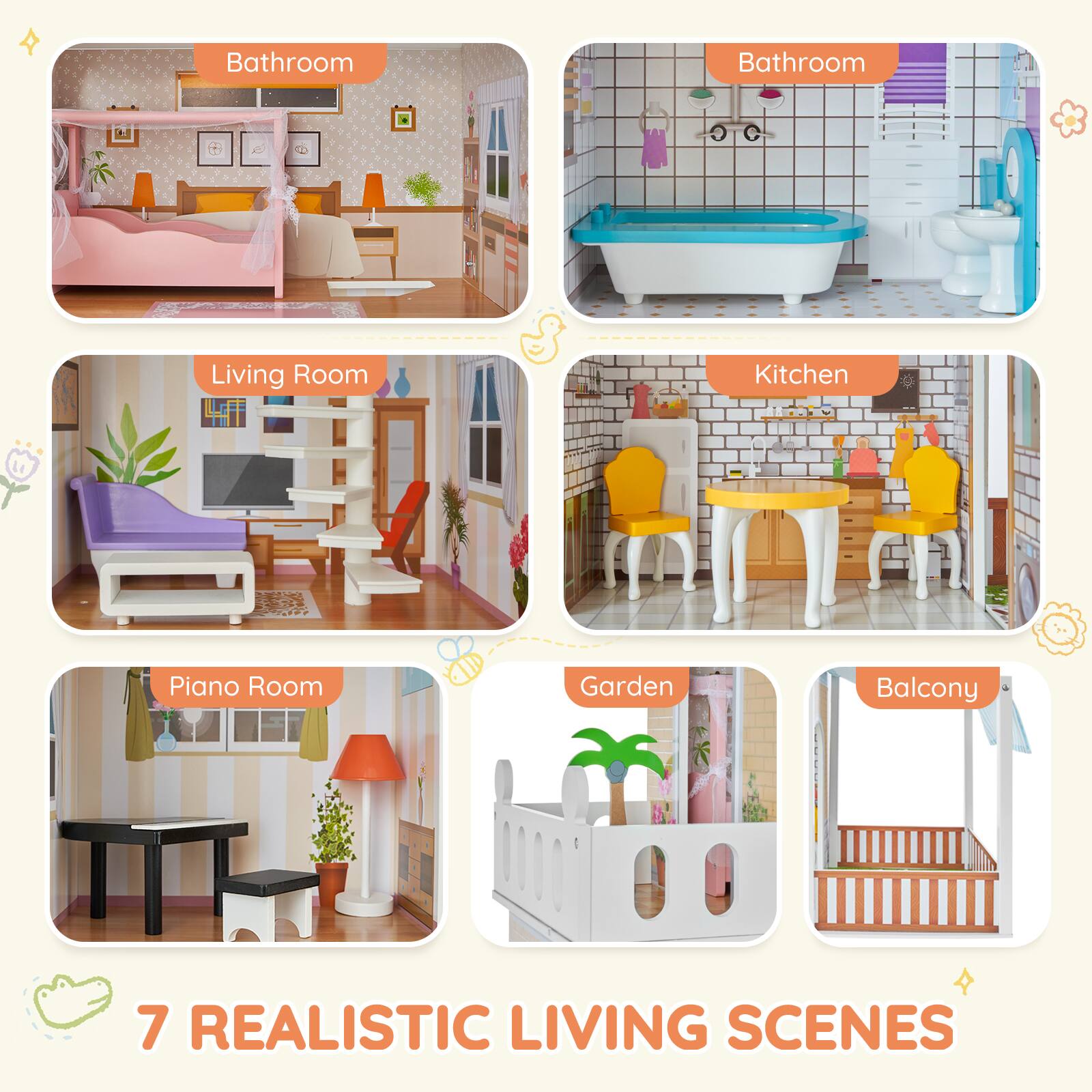 Bathroom, Living Room, Kitchen, Piano Room, Garden, Balcony, 7 Realistic Living Scenes