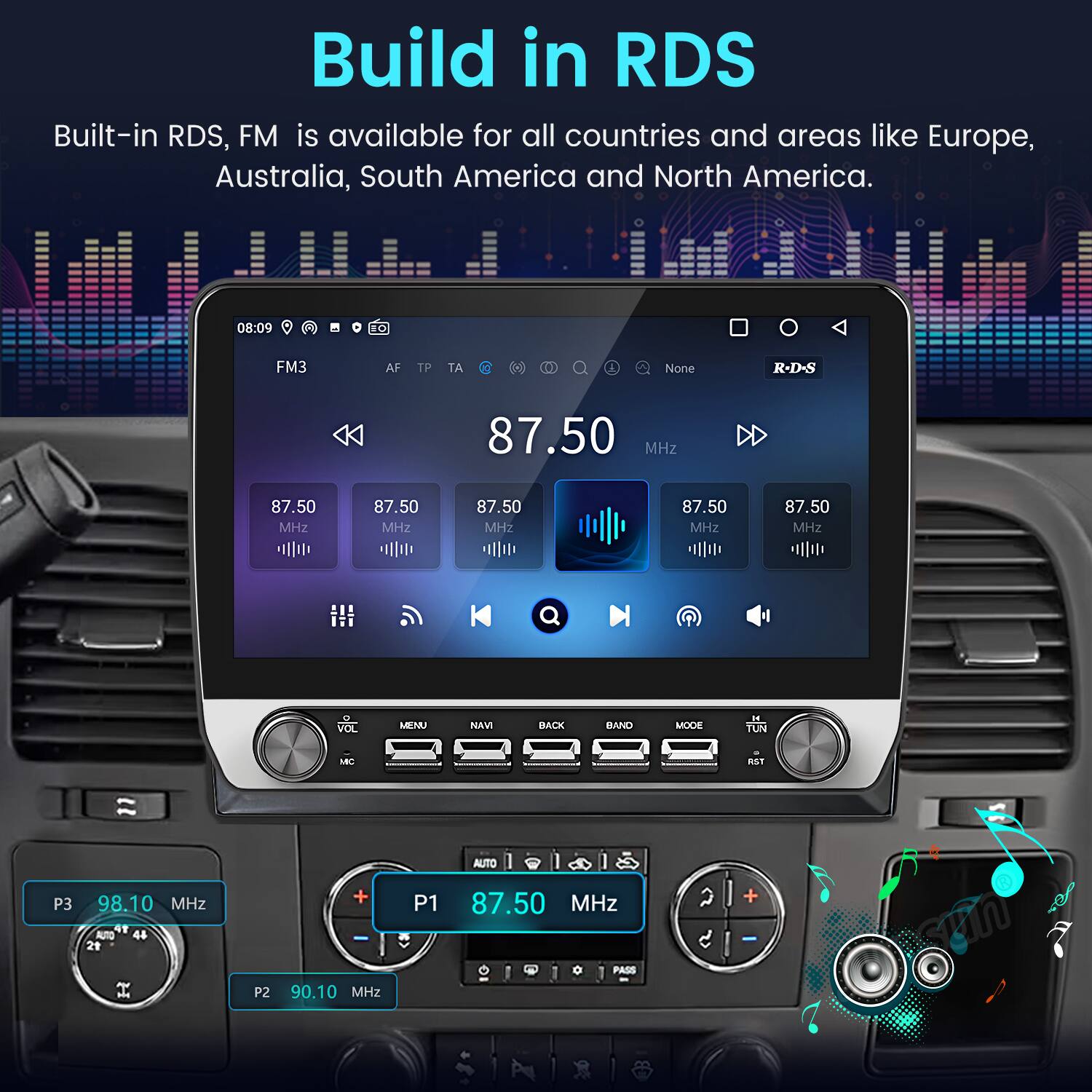 Build in RDS

Built-in RDS, FM is available for all countries and areas like Europe, Australia, South America and North America.