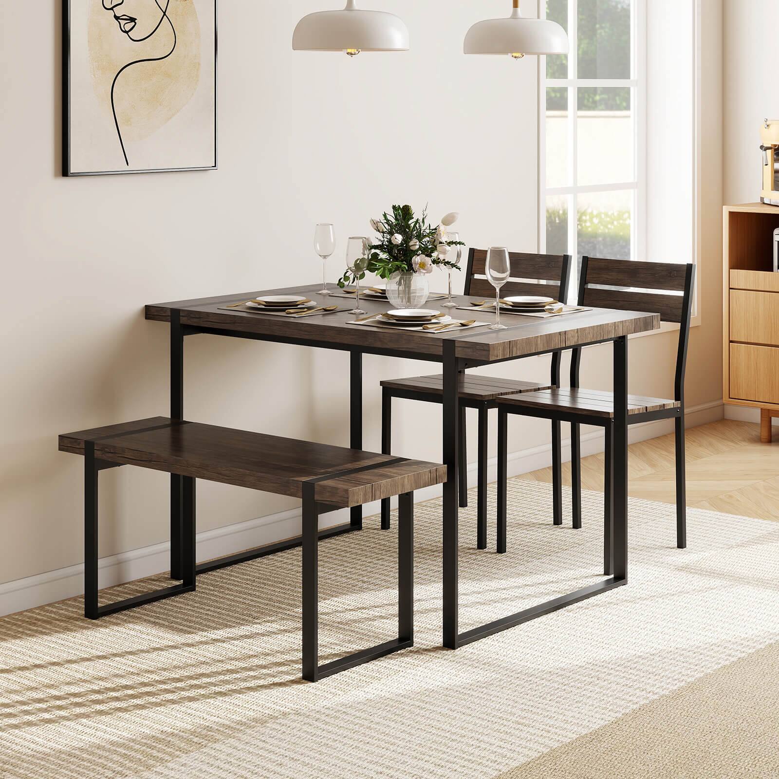 Alt View 1. Costway - Costway 47" Dining Table Set for 4, Wooden Kitchen Table with 2 Chairs & Bench, Metal Frame - Gray,Black.