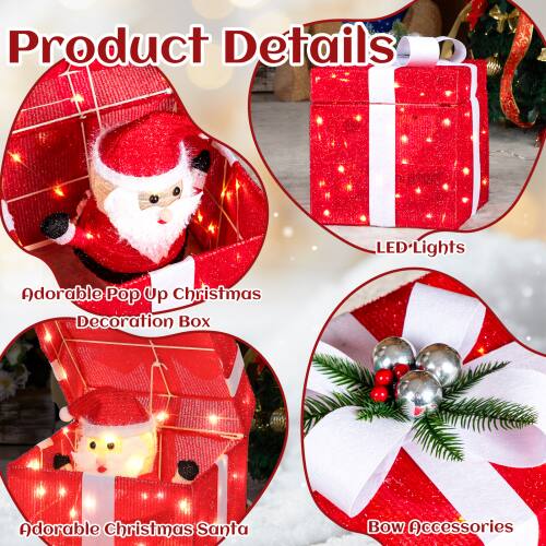Product Details

- LED Lights
- Adorable Pop Up Christmas Decoration Box
- Adorable Christmas Santa
- Bow Accessories