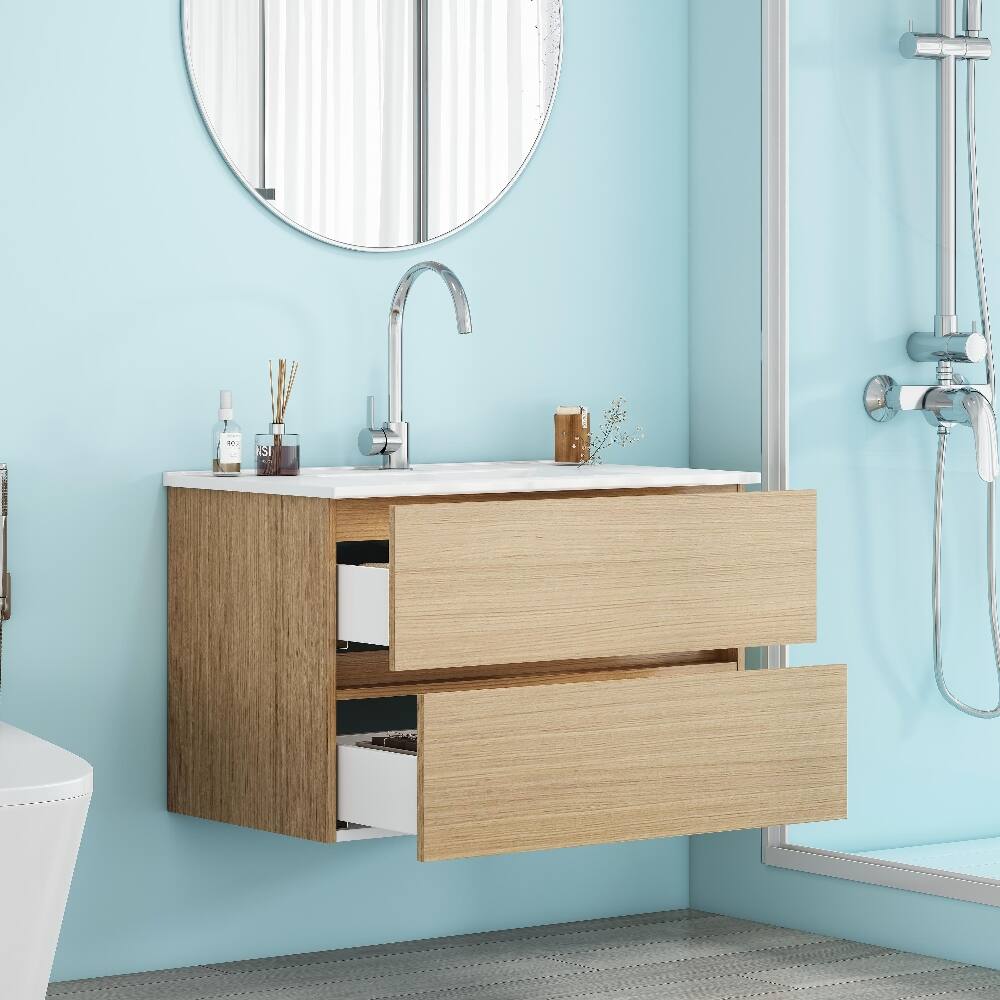 Alt View 1. Loheer - Loheer 32 inch wall mounted bathroom vanity Natural Solid Wood with Ceramic Sink - Natural.