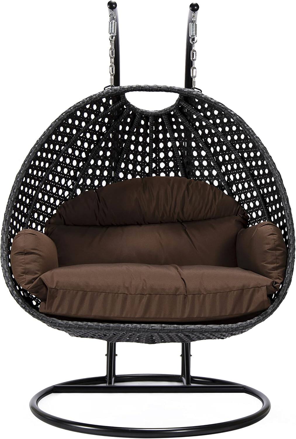 Left. LeisureMod - Mendoza 2-Person Outdoor Charcoal Wicker Swing Chair - Rust-Resistant Frame, Handwoven Boho Porch Swing with Cushions - Brown.