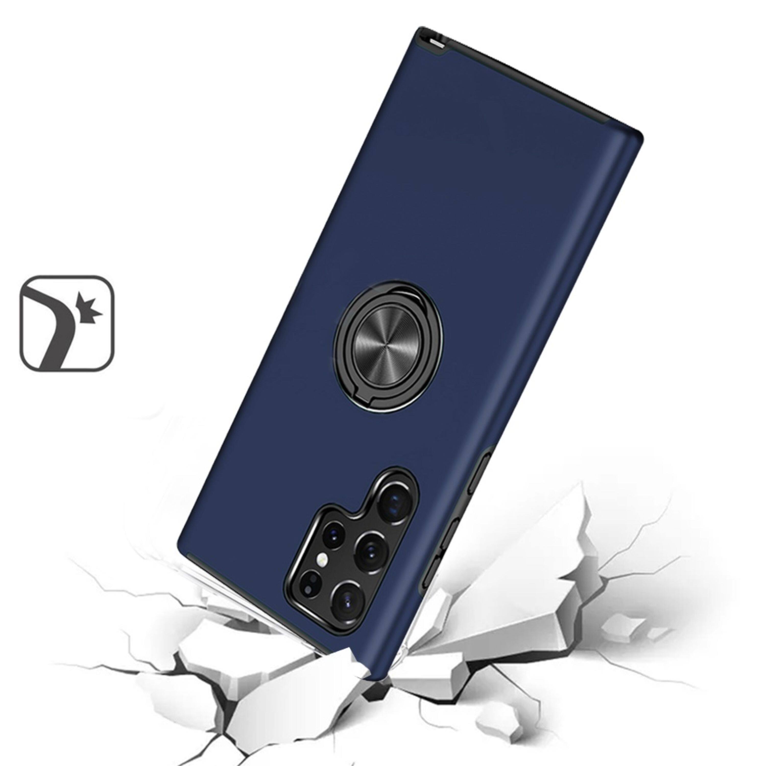 Angle. Kitcheniva - Rubberized Dual Layer Magnetic Ring Stand Phone Case For Samsung Galaxy S23 Plus Dark Blue - Dark Blue.