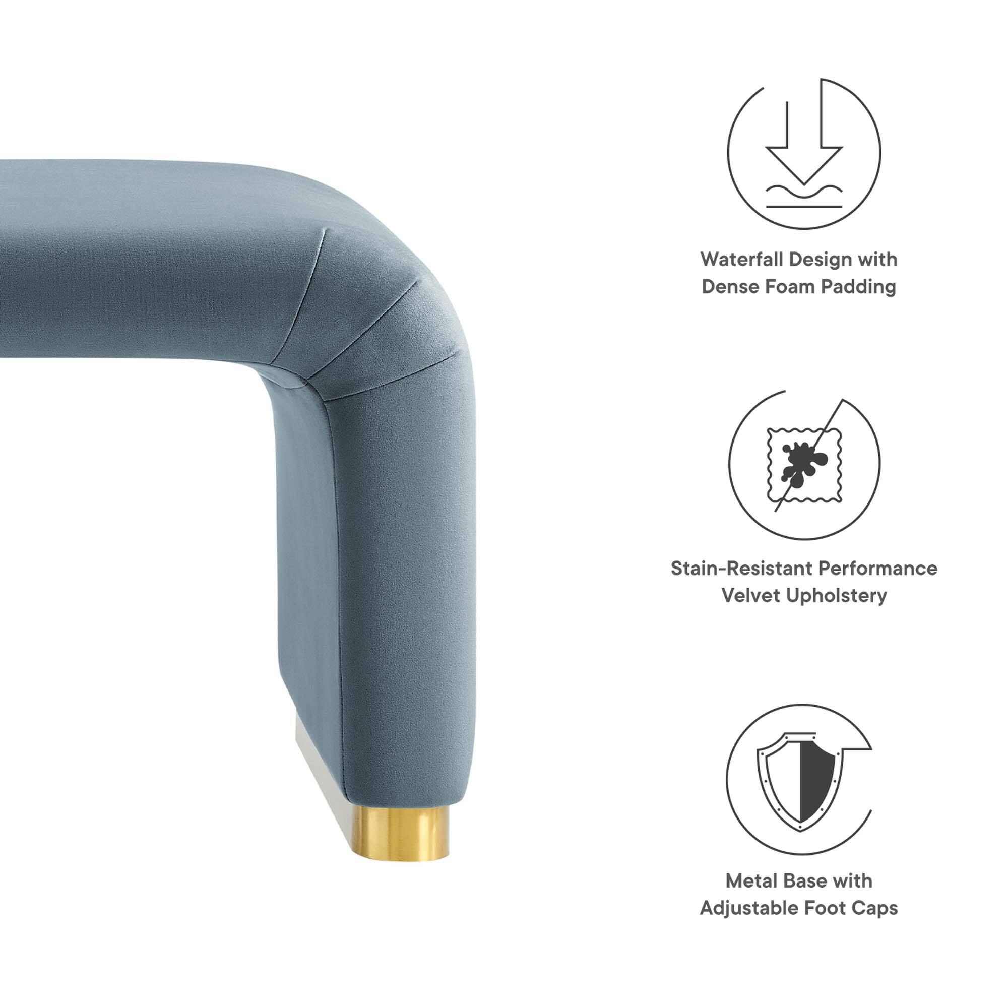 Waterfall Design with Dense Foam Padding  
Stain-Resistant Performance Velvet Upholstery  
Metal Base with Adjustable Foot Caps