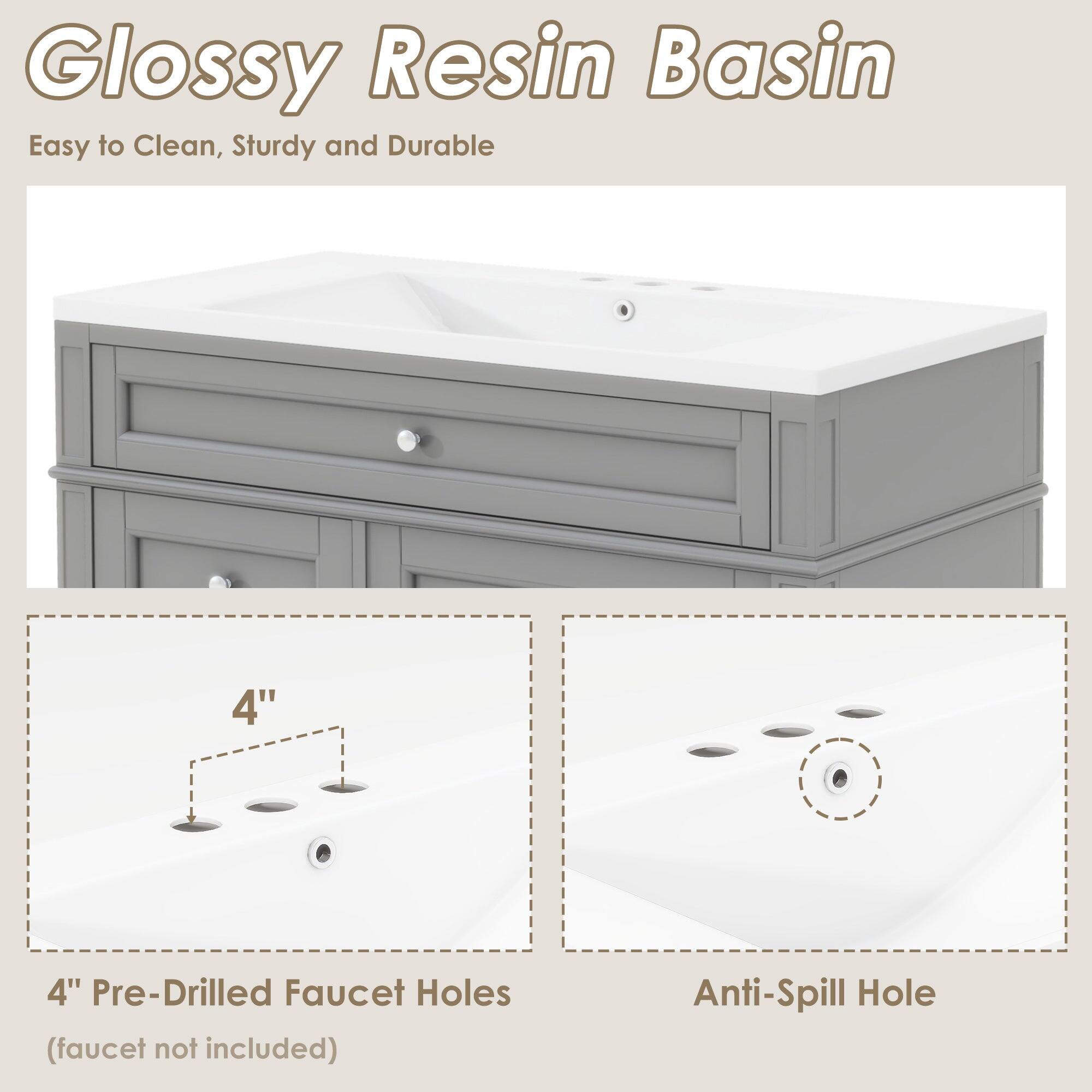 Glossy Resin Basin  
Easy to Clean, Sturdy and Durable  

4" Pre-Drilled Faucet Holes (faucet not included)  
Anti-Spill Hole