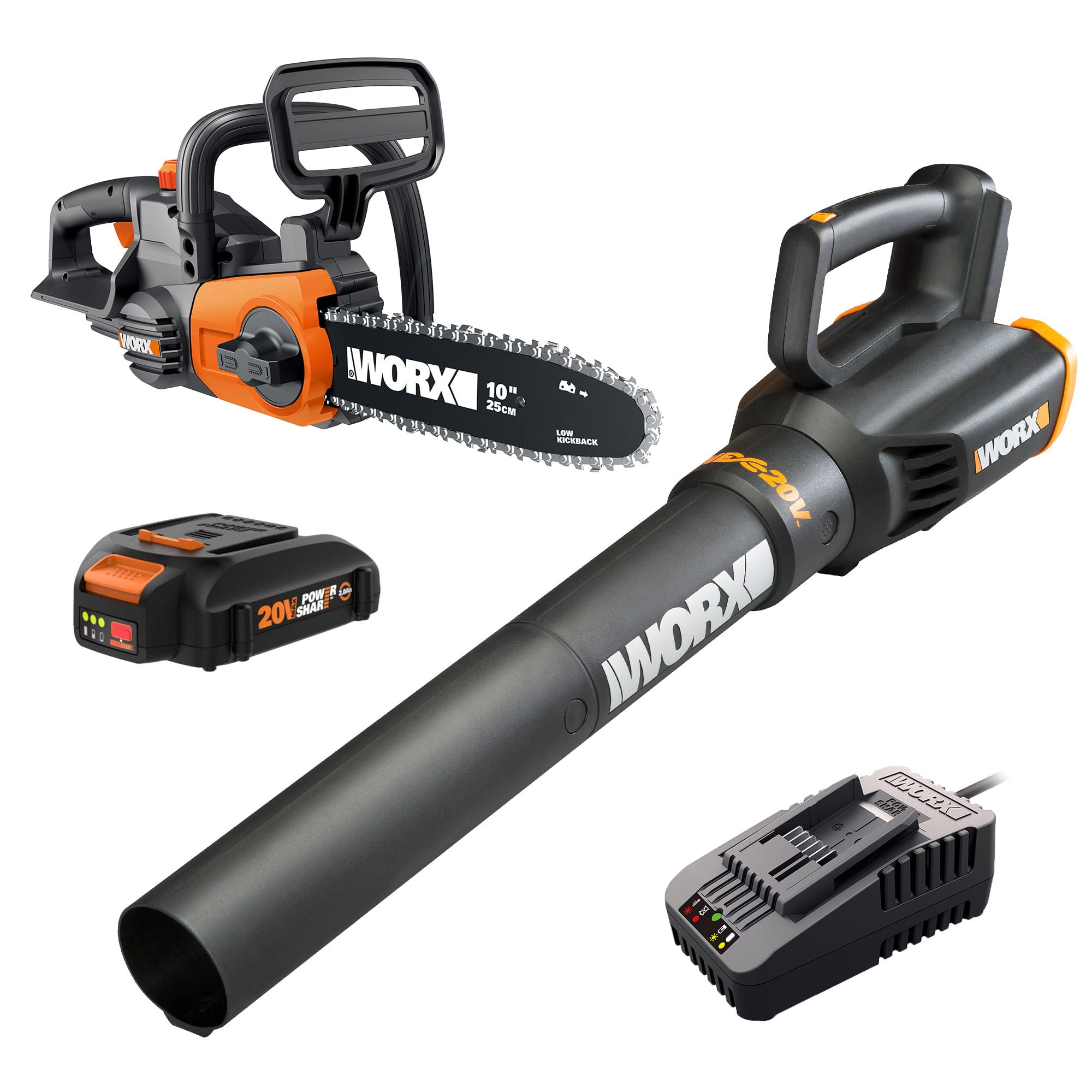 Front. WORX - 20V 10" Cordless Chainsaw and Blower Combo Kit (1 x 2.0 Ah Battery and 1 x Charger) - Black.