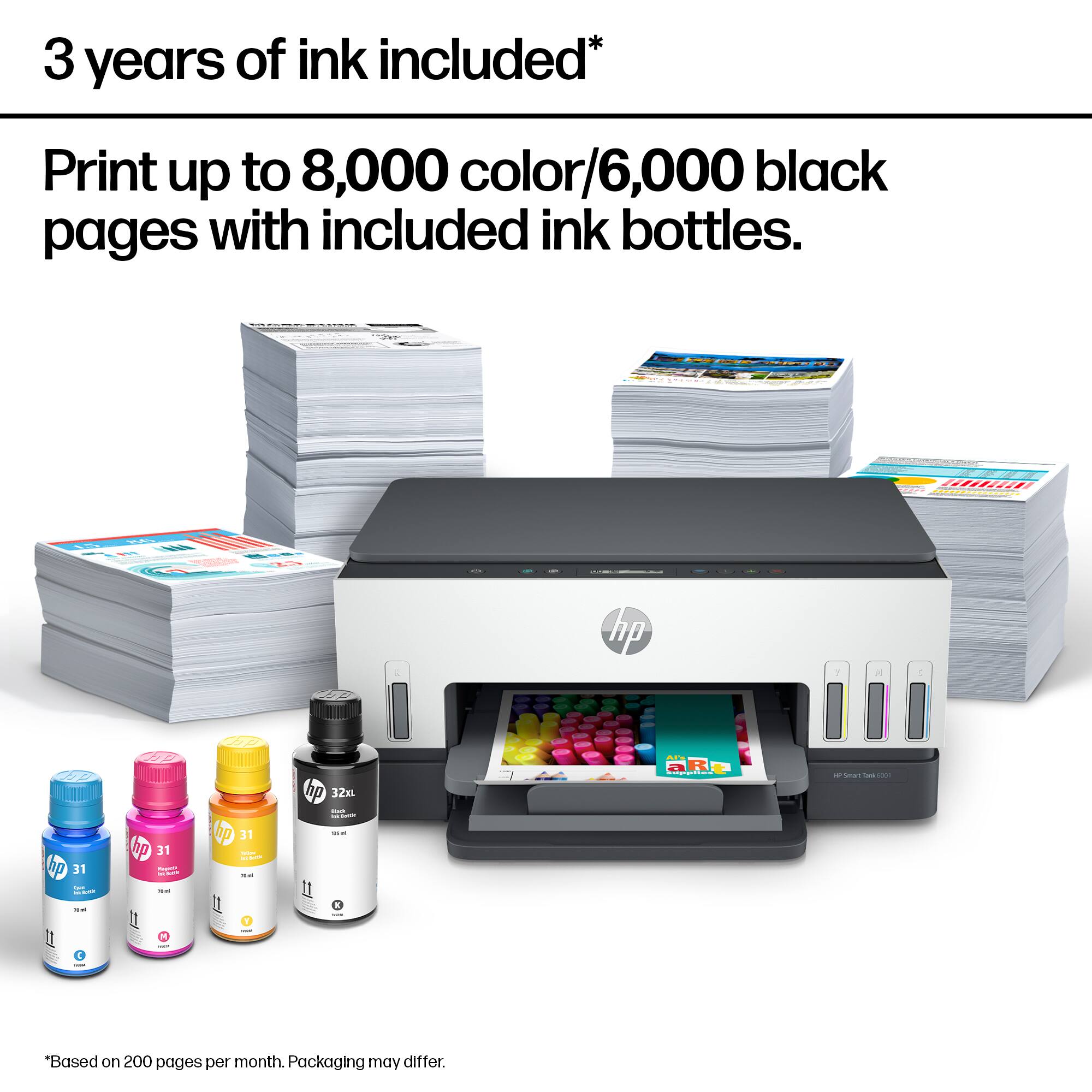 3 years of ink included*

Print up to 8,000 color/6,000 black pages with included ink bottles.

*Based on 200 pages per month. Packaging may differ.