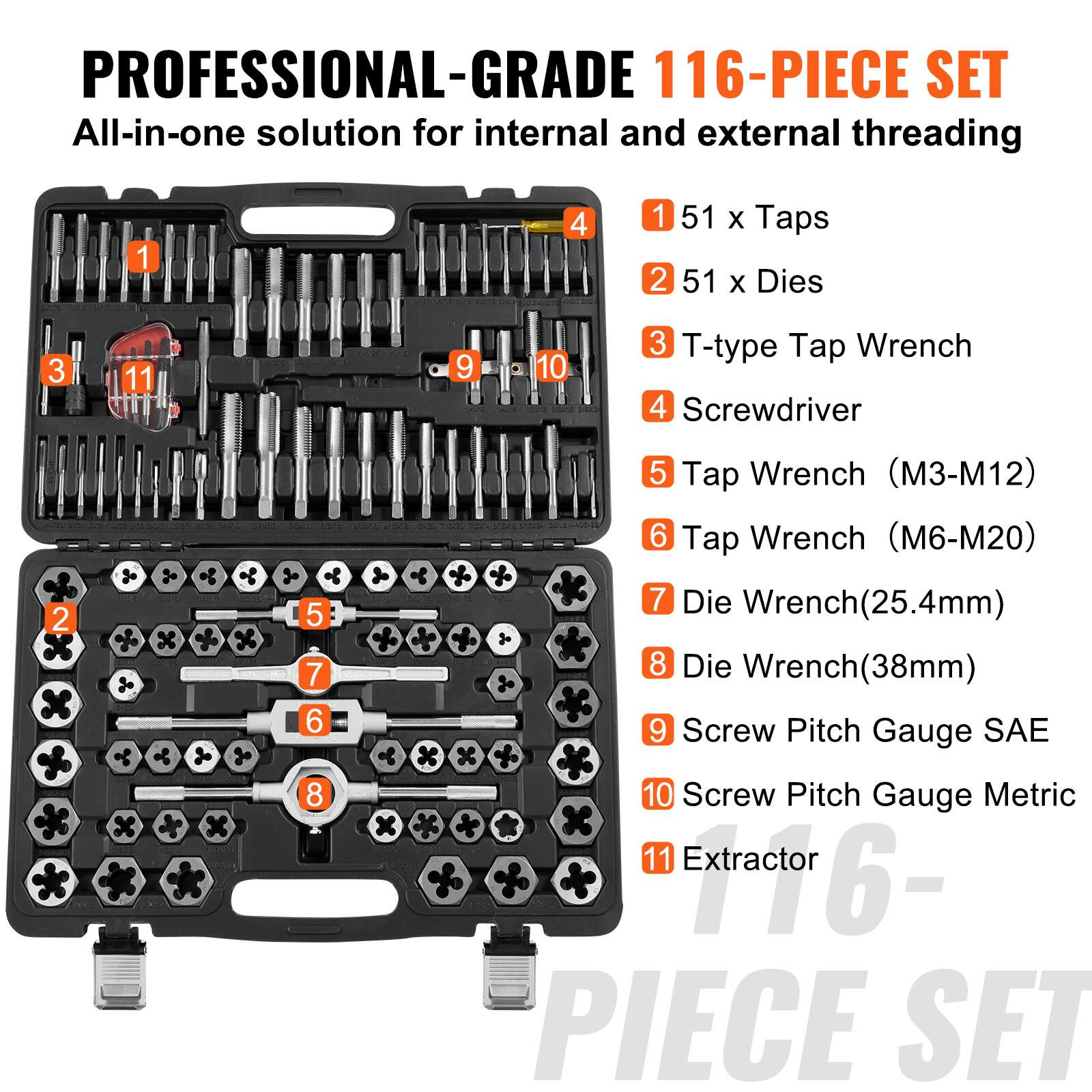 PROFESSIONAL-GRADE 116-PIECE SET  
All-in-one solution for internal and external threading  

1. 51 x Taps  
2. 51 x Dies  
3. T-type Tap Wrench  
4. Screwdriver  
5. Tap Wrench (M3-M12)  
6. Tap Wrench (M6-M20)  
7. Die Wrench (25.4mm)  
8. Die Wrench (38mm)  
9. Screw Pitch Gauge SAE  
10. Screw Pitch Gauge Metric  
11. Extractor  

16-PIECE SET