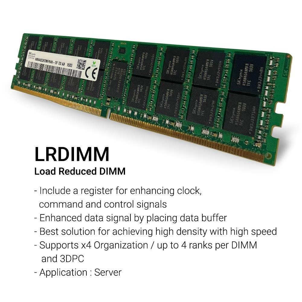 LRDIMM  
Load Reduced DIMM

- Include a register for enhancing clock, command and control signals
- Enhanced data signal by placing data buffer
- Best solution for achieving high density with high speed
- Supports x4 Organization / up to 4 ranks per DIMM and 3DPC
- Application: Server

S0hpie HMAGGATMFRAN TF TO AA 1503 CE LRDIMM Load Reduced DIMM WA4G4 NEOG 503V SKhynix HSAN4GAN TFC 503V SKhynix HSAN4GANF8 0V SKhynix HSAN4GANMER TFC HZEPHELEUG 501V SKhynix WSAN4GANMER TFC HIS 03V SKhynix HSAN4G4NMFR TFC HOUWELEVO 503V SKhynix NSAN4G4NMFA TFC HHTLEEPENG SK