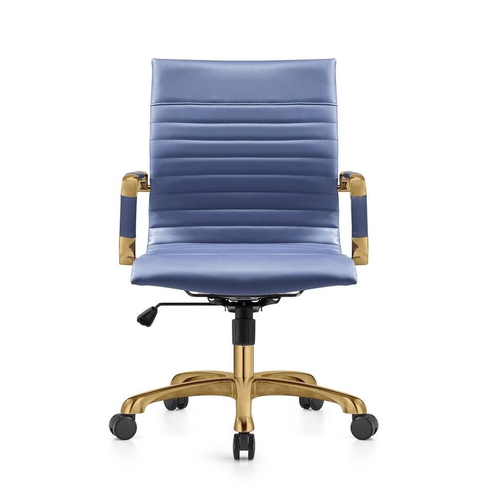 Back. LeisureMod - Harris Mid-Back Office Chair, Leather Upholstery with Gold Metal Frame Modern Armless Desk Chair for Conference Seating - Navy Blue.