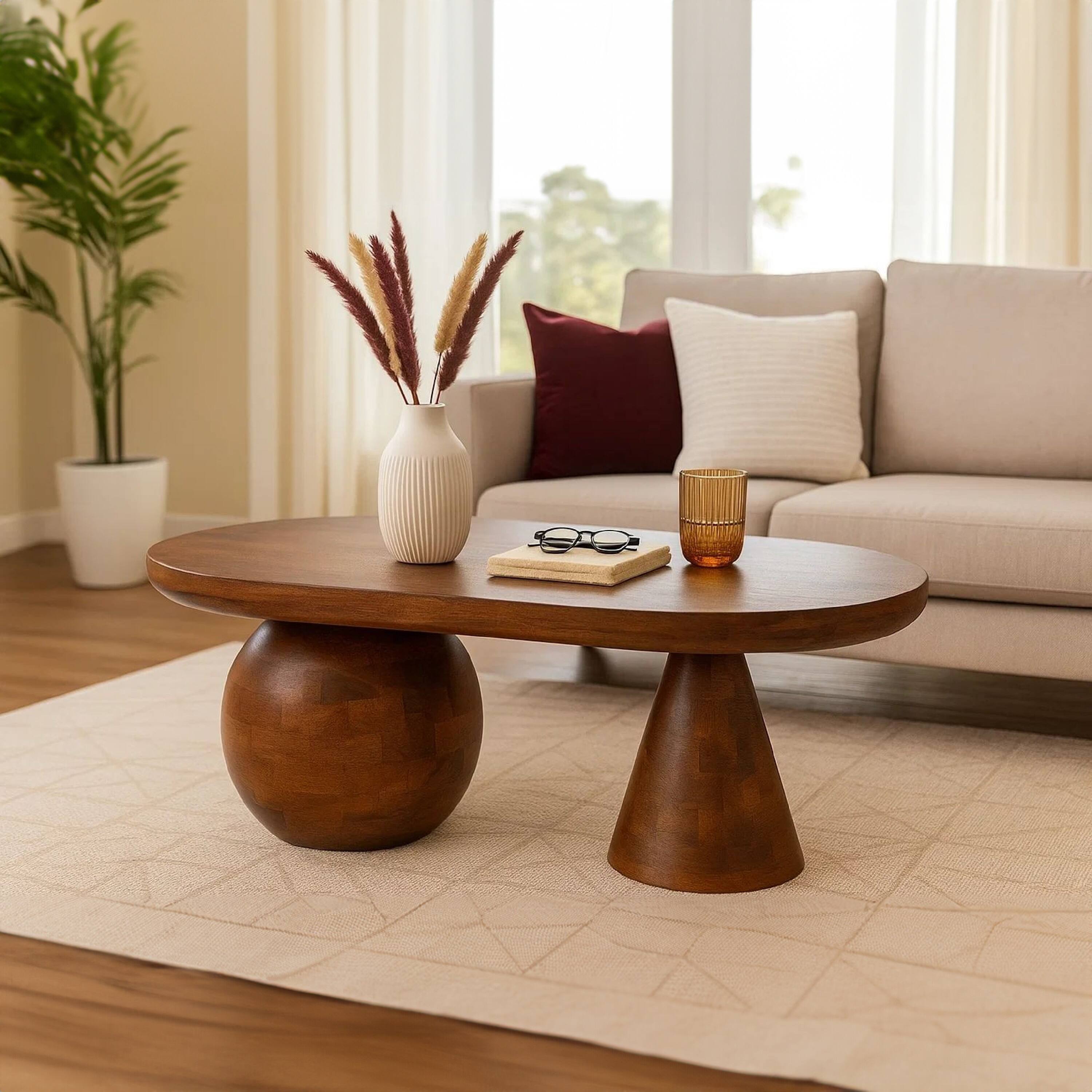 Alt View 9. Manhattan Lane - Leeds Coffee Table | 38" Handmade Mango Wood Oval Top | Round Ball and Cone Base - Brown.