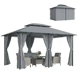 Outsunny - 10' x 13' Outdoor Soft Top Gazebo Pergola with Curtains, 2-Tier Steel Frame Gazebo for Patio - Sage and Black