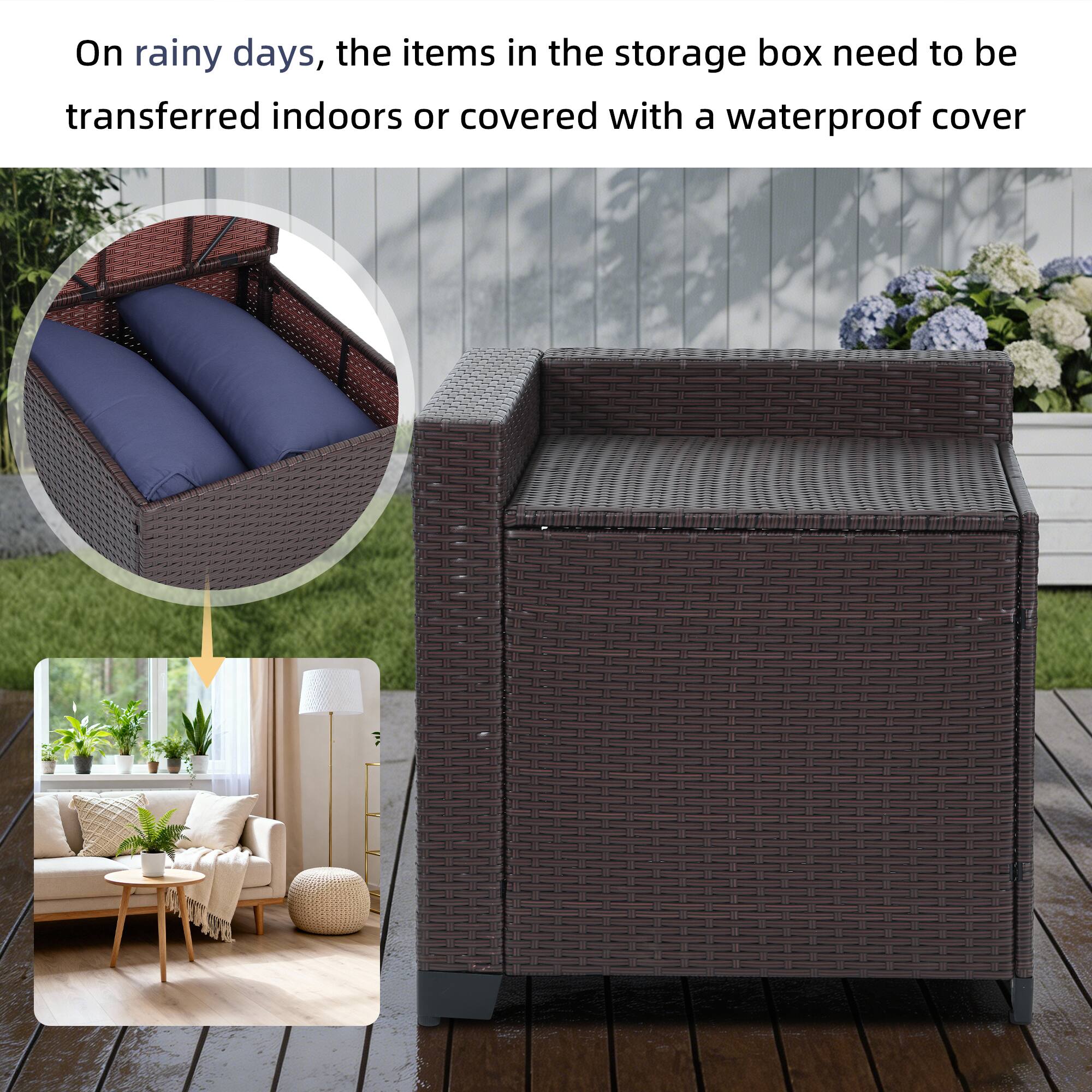 On rainy days, the items in the storage box need to be transferred indoors or covered with a waterproof cover