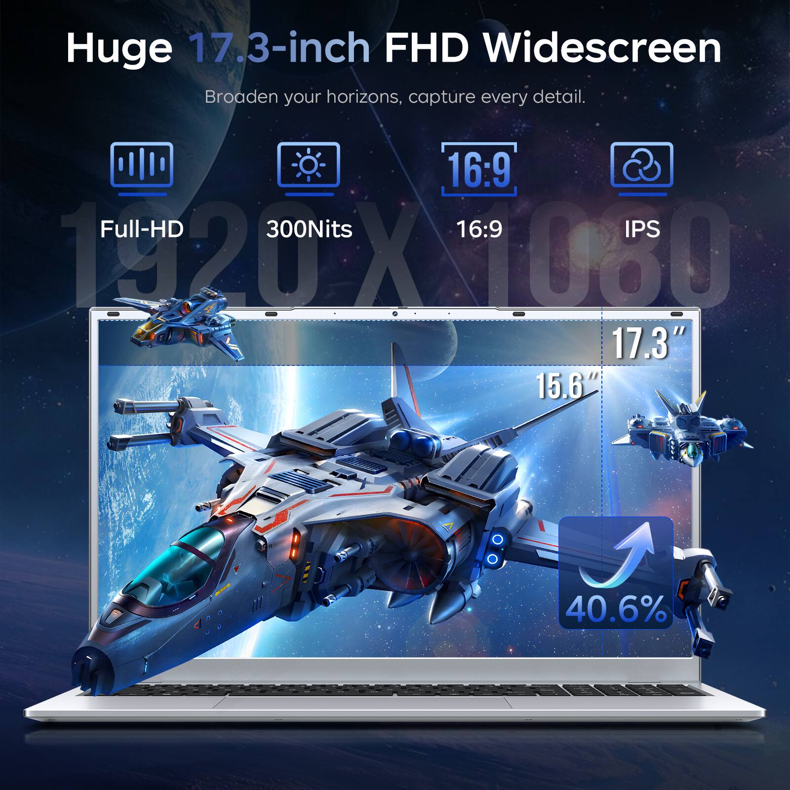 Huge 17.3-inch FHD Widescreen  
Broaden your horizons, capture every detail.  
16:9 Full-HD 300Nits 16:9 IPS 1920x1080  
17.3" 15.6"  
40.6%