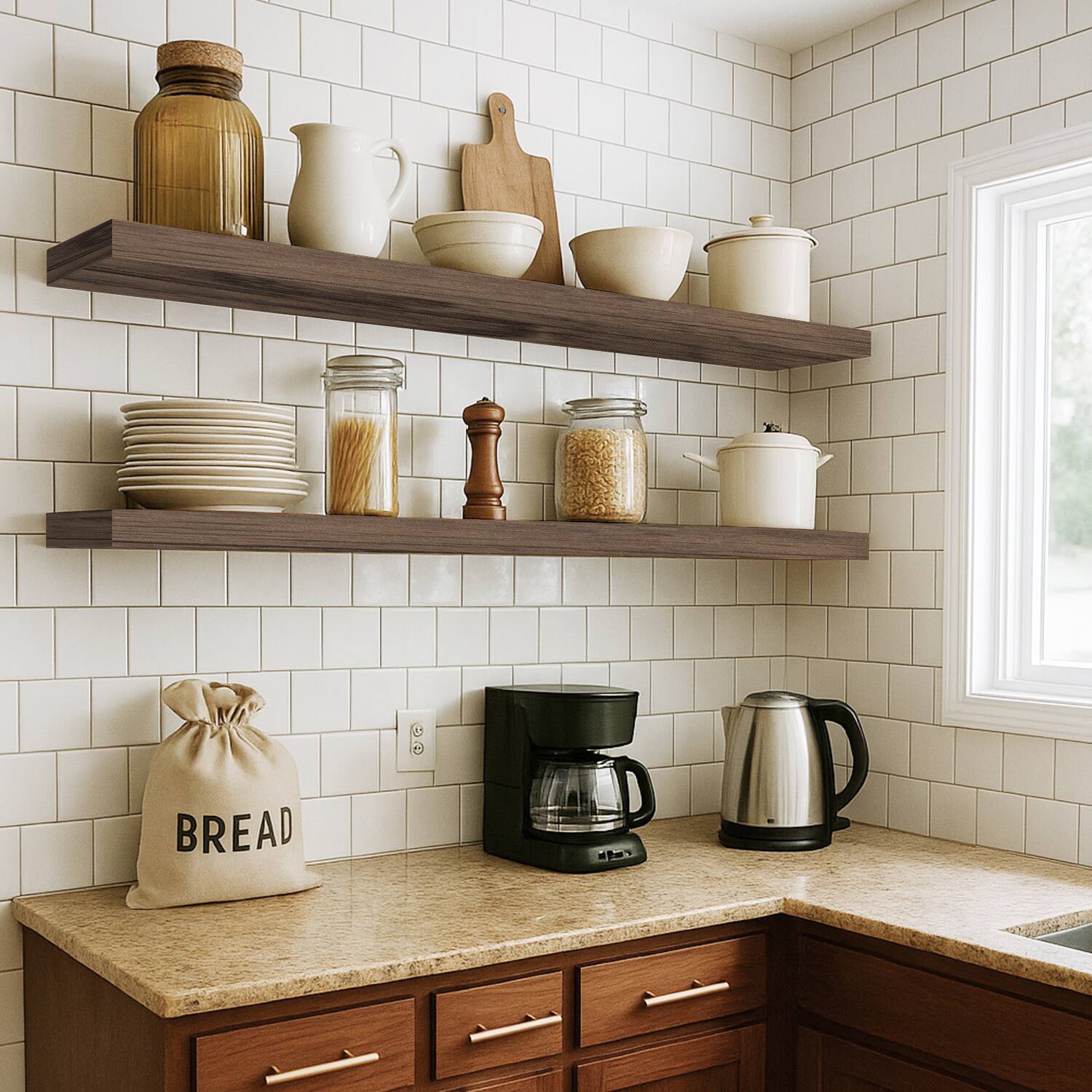 Alt View 3. BOMEDA - Floating Shelves for Wall, Wooden Mounted Wall Shelf for Room, Over Toilet Bathroom Shelves Storage, 36x7x1.5 in, 2 Pack - Smoke gray.