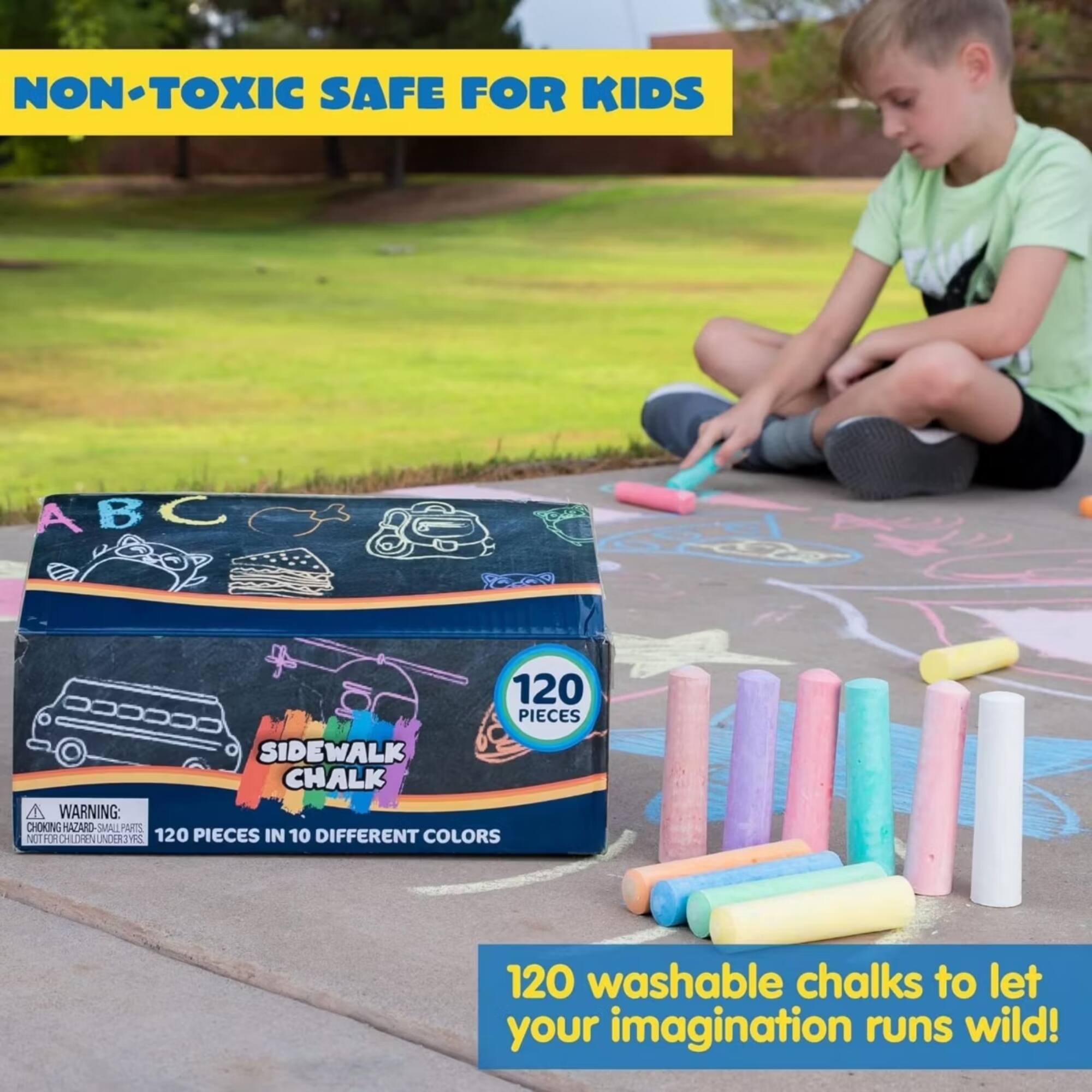 NON-TOXIC SAFE FOR KIDS  
ABC 120 PIECES SIDEWALK CHALK  
WARNING: CHOKING HAZARD SMALL PARTS NOT FOR CHILDREN UNDER 3 YEARS  
120 PIECES IN 10 DIFFERENT COLORS  
120 washable chalks to let your imagination run wild!