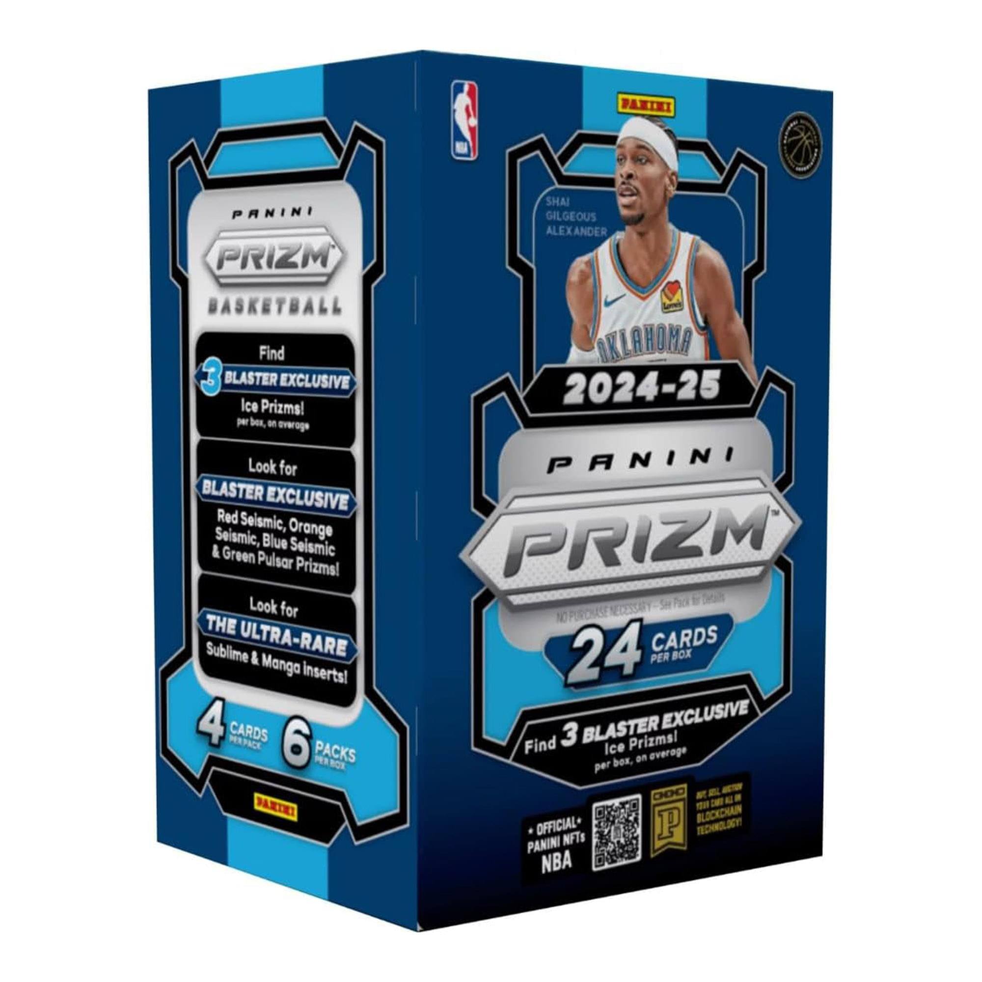 PANINI PRIZM BASKETBALL

Find BLASTER EXCLUSIVE Ice Prizms! per box, on average

Look for BLASTER EXCLUSIVE Red Seismic, Orange Seismic, Blue Seismic & Green Pulsar Prizms!

Look for THE ULTRA-RARE Sublime & Manga Inserts!

4 CARDS 6 PACKS

2024-25 PANINI PRIZM

24 CARDS PER BOX

Find 3 BLASTER EXCLUSIVE Ice Prizms! per box, on average

OFFICIAL PANINI NFTS NBA