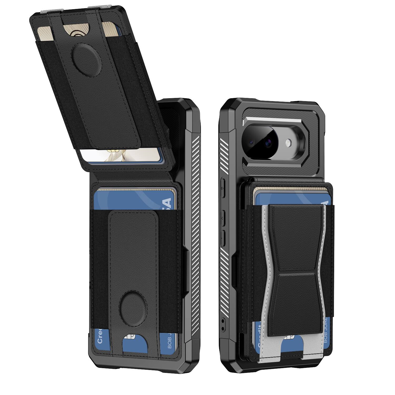 Dteck - Rugged Wallet Case for Google Pixel 10a, Shockproof Protective Cover with Elastic Card Holder and Kickstand - Black