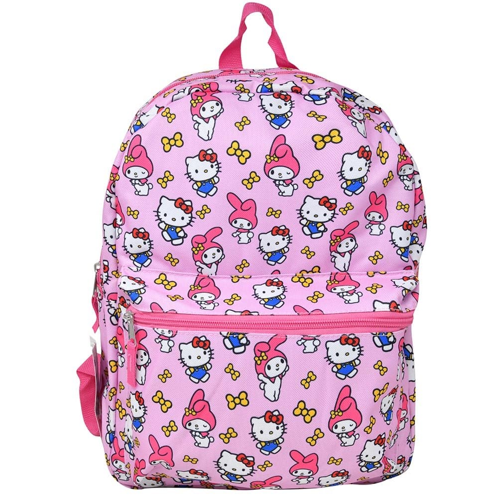 Hello Kitty - My Melody All Over Nylon Pink Kids School Backpack 16" School Bookbag for Girls - Multicolored