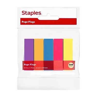 Staples - Stickies Page Flags, 0.5" Wide, Assorted Colors, 500/Pack - Blue, Orange, Pink, Purple, Yellow