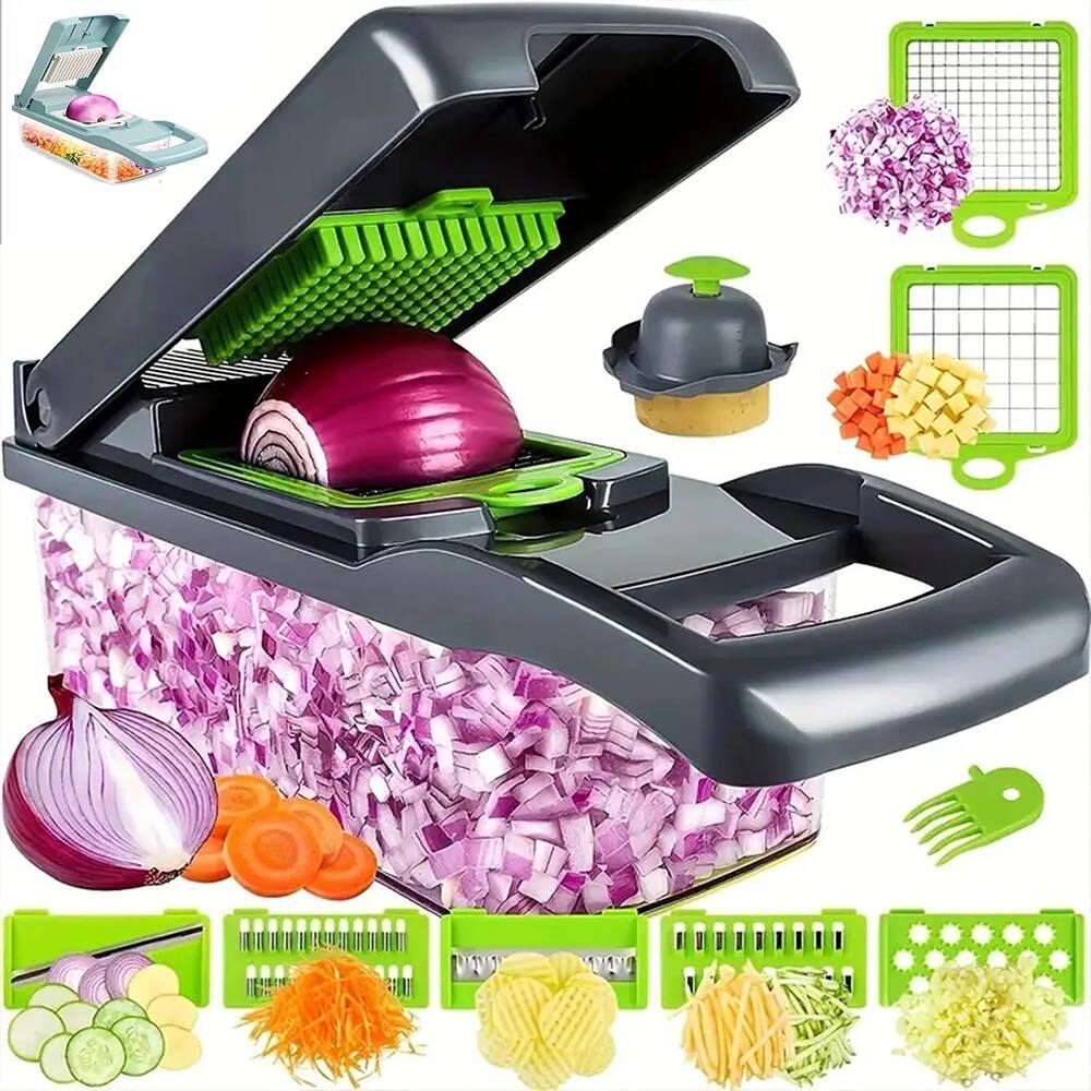 Angle. PARKER SLATER - 14-in-1 Vegetable and Fruit Cutter with Container, Multifunctional Slicer, Dicer, Chopper, Home Kitchen Essential - Gray.