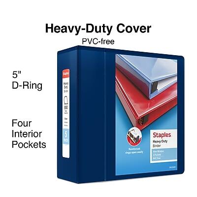 Heavy-Duty Cover  
PVC-free  

5" D-Ring  

Four Interior Pockets  

Staples  
Heavy-Duty Binder  
Reinforced Rings  
500 Sheet Capacity  
5" D-Ring  
Heavy-Duty Cover