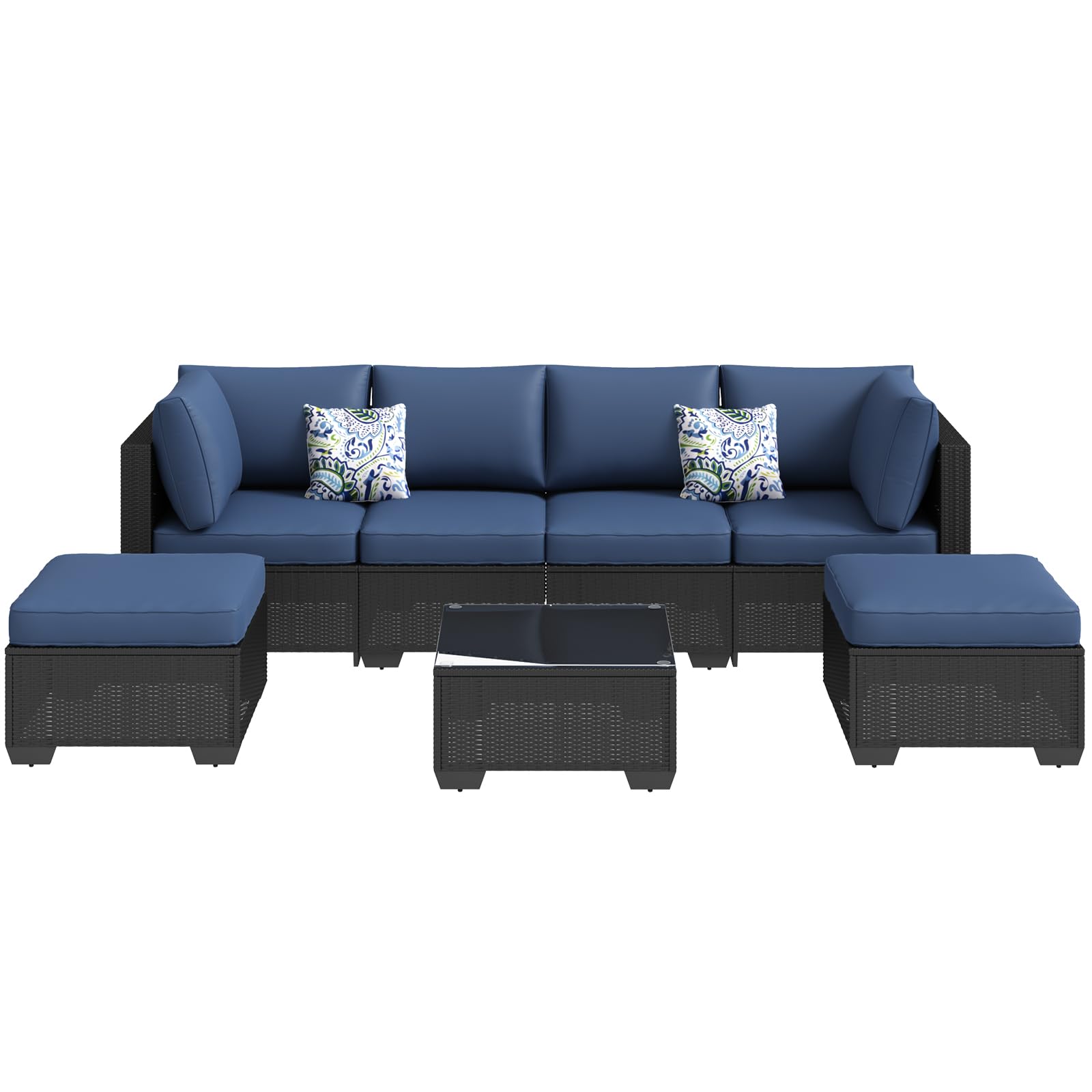 Left. Mondawe - 7-Piece Rattan Sofa Set with Cushions and Versatile Ottomans - Dark Blue+Black.