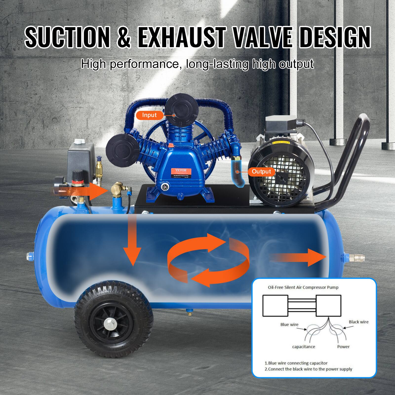 Suction & Exhaust Valve Design  
High performance, long-lasting high output  

Input  
Output  

O₂-Free Silent Air Compressor Pump  
1. Blue wire connecting capacitor  
2. Connect the black wire to the power supply  

Blue wire  
Black wire  
Capacitance  
Power