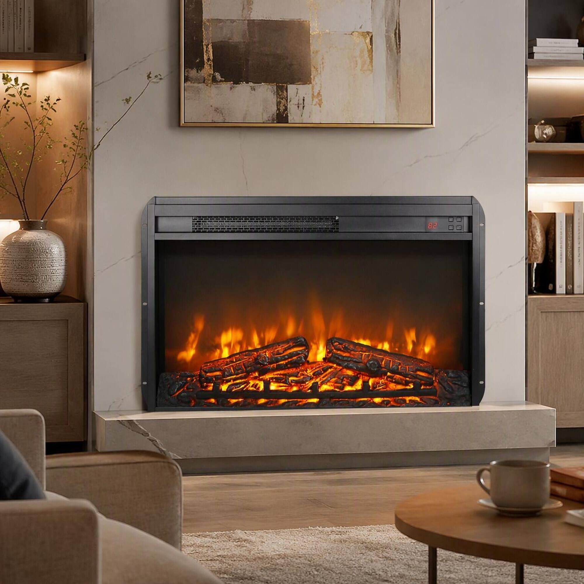 Angle. RYHNUYNE - 26 Inch Ultra Thin Electric Fireplace Insert Heater, Log Set Realistic Flame Remote Timer Overheat Protection - Antique Black.
