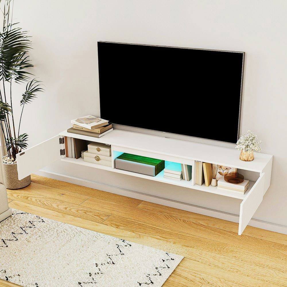Alt View 4. Kadyn - Wall-Mounted Floating TV Stand with LED Lighting and Textured Wave  Design - White - White.