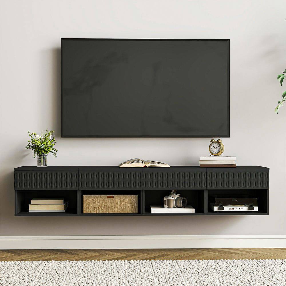 Alt View 6. Kadyn - Twist-Textured Double-Mounted Wall-Mounted Floating Nightstand with Drawer for Bedroom - Black - Black.