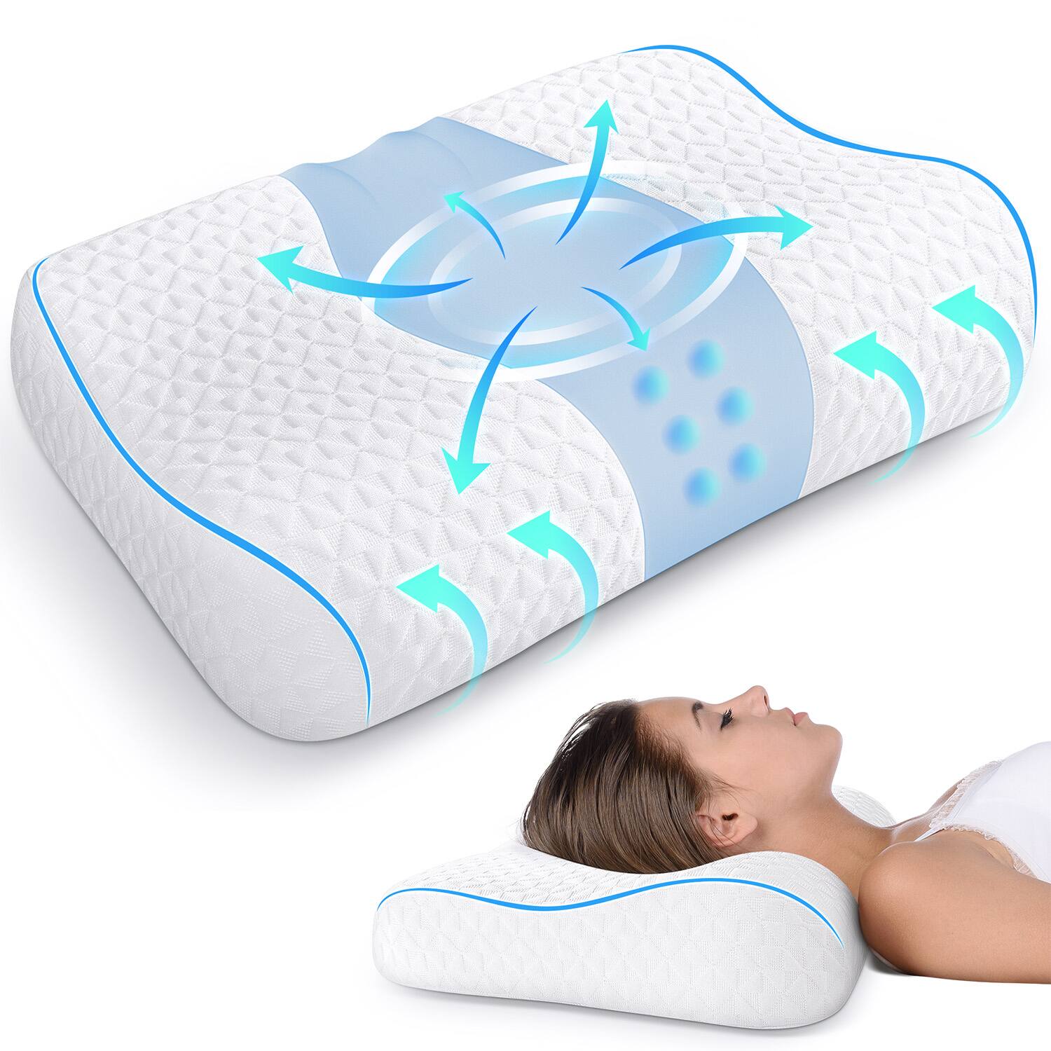 Front. FAPO - Bed Pillow, Cervical Neck Pillow for Pain Relief, Contour Memory Foam Pillows for Sleeping, Odorless Ergonomic Pillow - Blue.