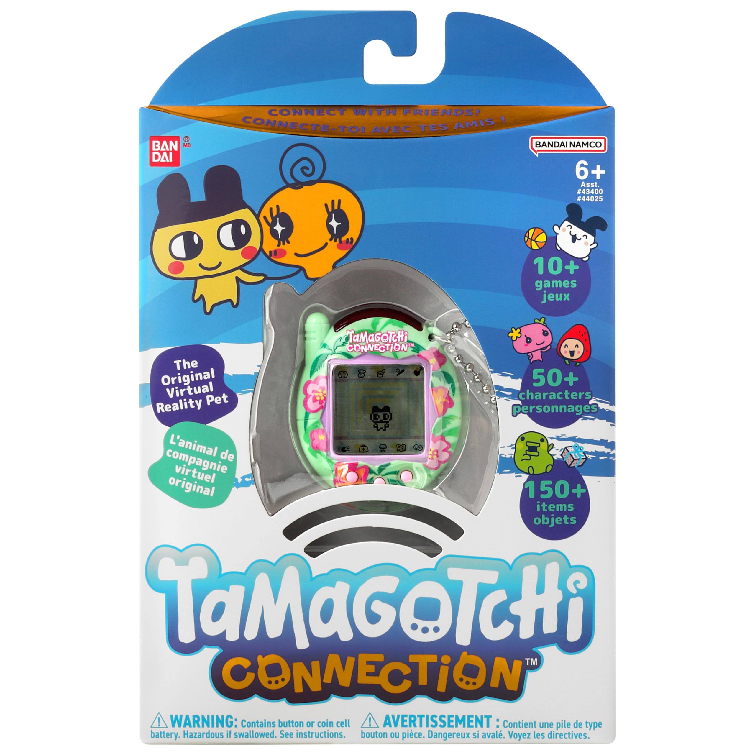 BAN DAI CONNECT WITH FRIENDS! AMIS CONNECTE-TOI AVEC TES AMIS!  
BANDAI NAMCO  
6+  
Ass. 42400 #44025  

10+ games  
jeux  

50+ Virtual Pet characters  
personnages  

150+ items  
objets  

The Original  
L'animal de compagnie virtuel original  

WARNING: Contains button or coin cell battery. Hazardous if swallowed. See instructions.  
AVERTISSEMENT: Contient une pile de type bouton ou pièce. Dangereux si avalé. Voyez les directives.