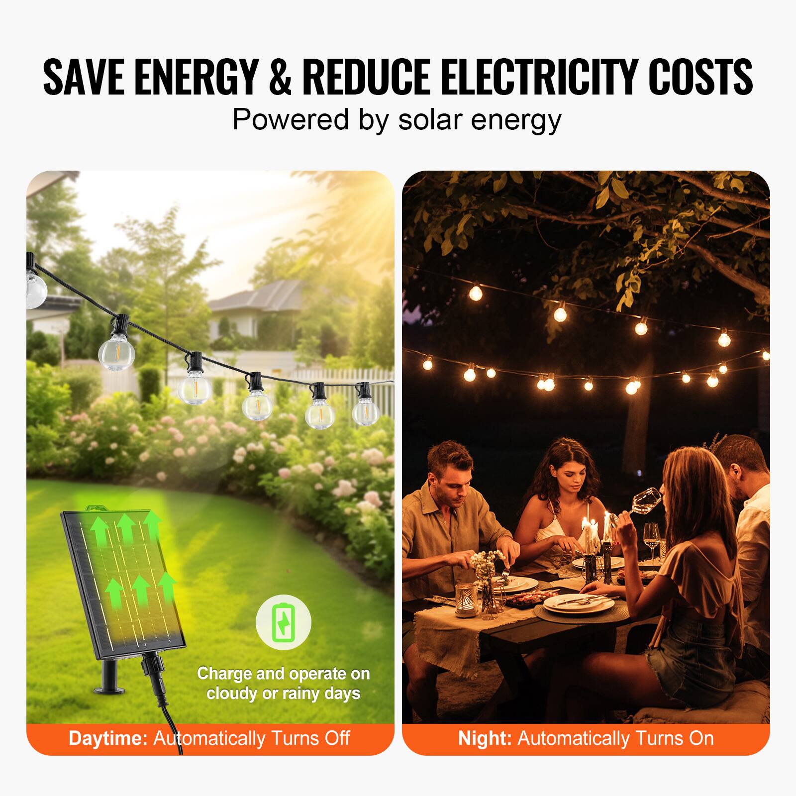 SAVE ENERGY & REDUCE ELECTRICITY COSTS  
Powered by solar energy  

Charge and operate on cloudy or rainy days  
Daytime: Automatically Turns Off  

Night: Automatically Turns On