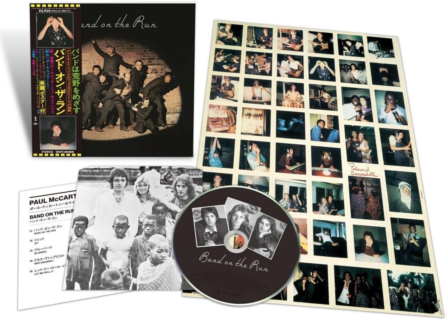 Sure, here is the corrected and grouped text from the image:

---

**Album Cover:**
- Band on the Run
- Paul McCartney & Wings
- STEREO UICY-04068

**Tracklist:**
1. Band on the Run
2. Jet
3. Bluebird
4. Mrs. Vandebilt
5. Let Me Roll It

**Polaroid Snapshots**

**Additional Text:**
- 29345471 12 934
- Polaroid Snapshots
- Paul McCartney & Wings
- Band on the Run

---

This text is organized based on the visible elements in the image.