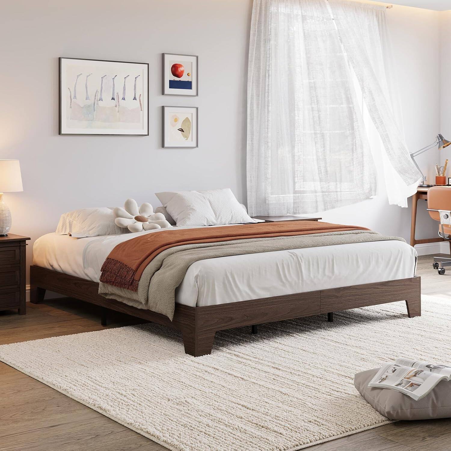 Alt View 3. GARVEE - California King Platform Bed Frame, Solid Wood & Metal Slat Support, 10.24" Underbed Storage, Walnut - Walnut.