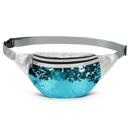 Front. Unique Bargains - Holographic Sequined Fanny Packs for Women Waist Belt Bag Fashion Crossbody Bum Bag for Running - Blue.