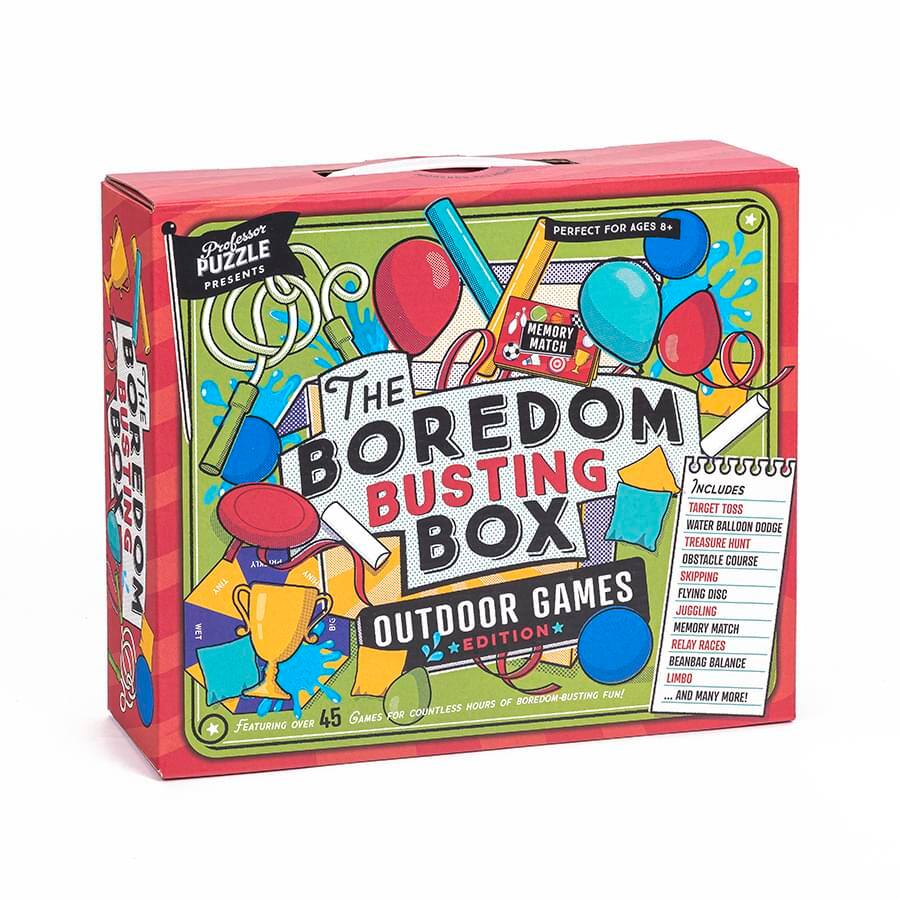 The Boredom Busting Box  
Outdoor Edition  

Perfect for ages 8+  

Professor Puzzle Presents Memory Match  

Includes:  
- Target Toss  
- Water Balloon Dodge  
- Treasure Hunt  
- Obstacle Course  
- Skipping  
- Flying Disc  
- Juggling  
- Relay Races  
- Memory Match  
- Beanbag Balance  
- Limbo  
... and many more!  

Featuring over 45 games for countless hours of boredom-busting fun!