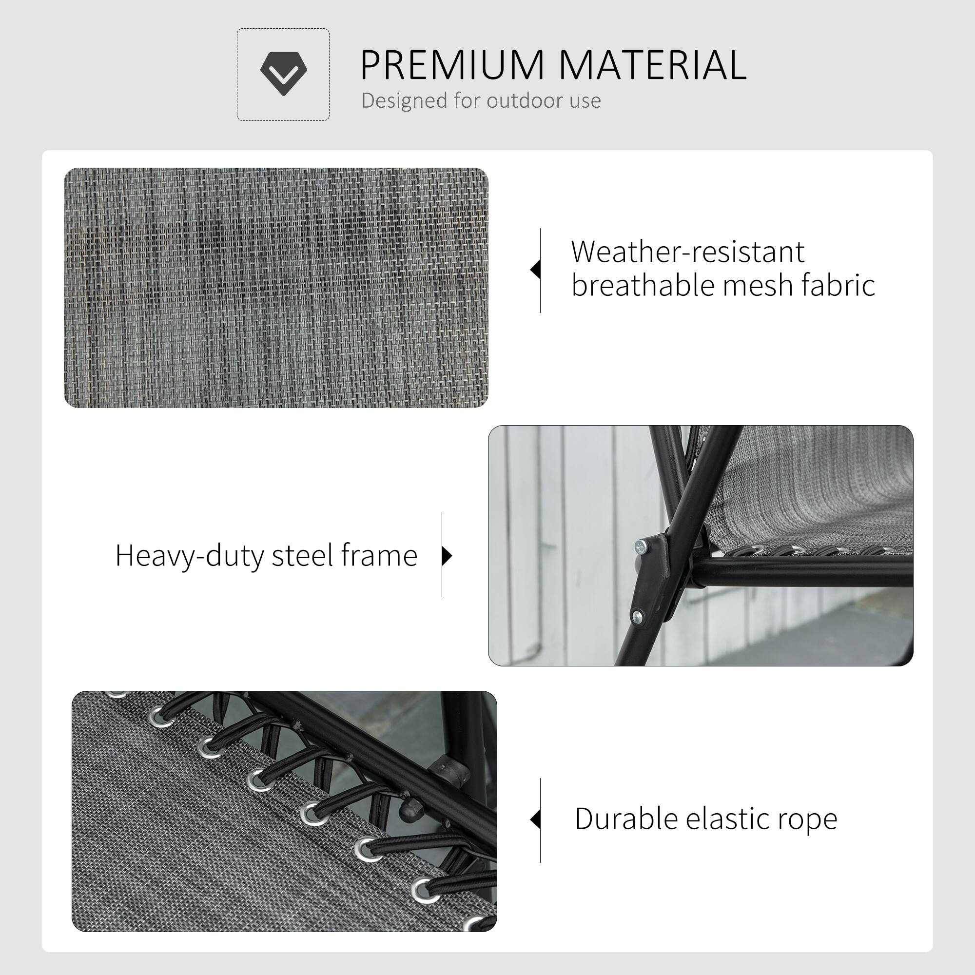 PREMIUM MATERIAL  
Designed for outdoor use

- Weather-resistant breathable mesh fabric
- Heavy-duty steel frame
- Durable elastic rope