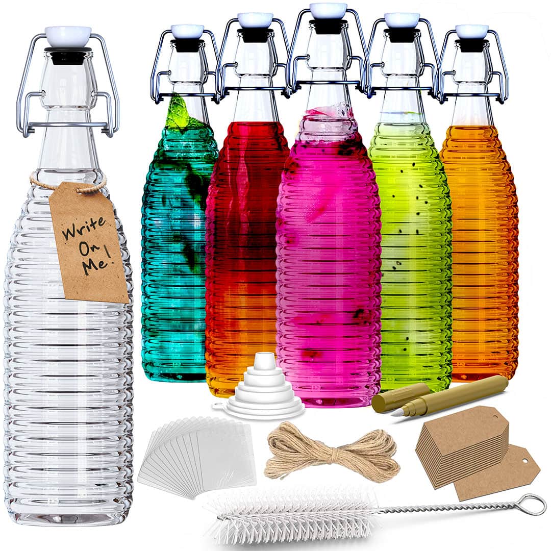 Nevlers - 33 oz. Ringed Swing Top Glass Bottles with Bottle Brush, Funnel, Tags, Shrink Wrap and Glass Marker (Set of 6)