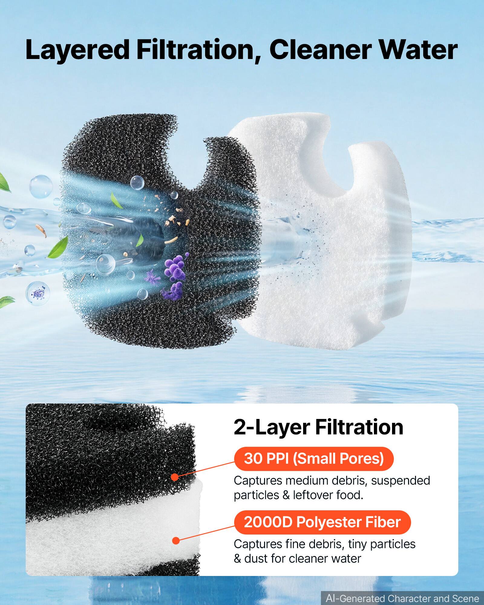 Layered Filtration, Cleaner Water

2-Layer Filtration

30 PPI (Small Pores) Captures medium debris, suspended particles & leftover food.

2000D Polyester Fiber Captures fine debris, tiny particles & dust for cleaner water

AI-Generated Character and Scene
