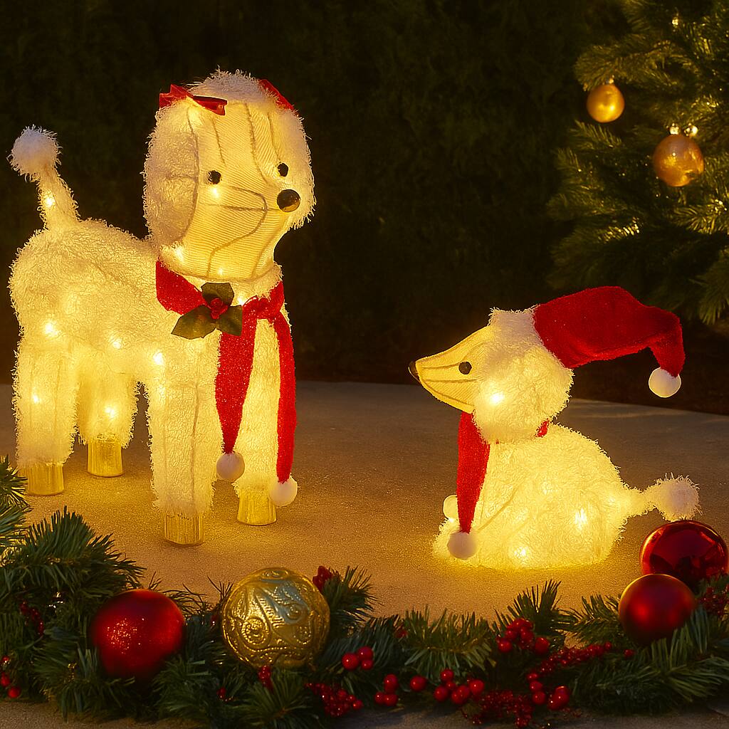 Angle. BreeBe - Pre-Lit Poodle Dog Figures with 60 Warm White LED Lights - White + Red.