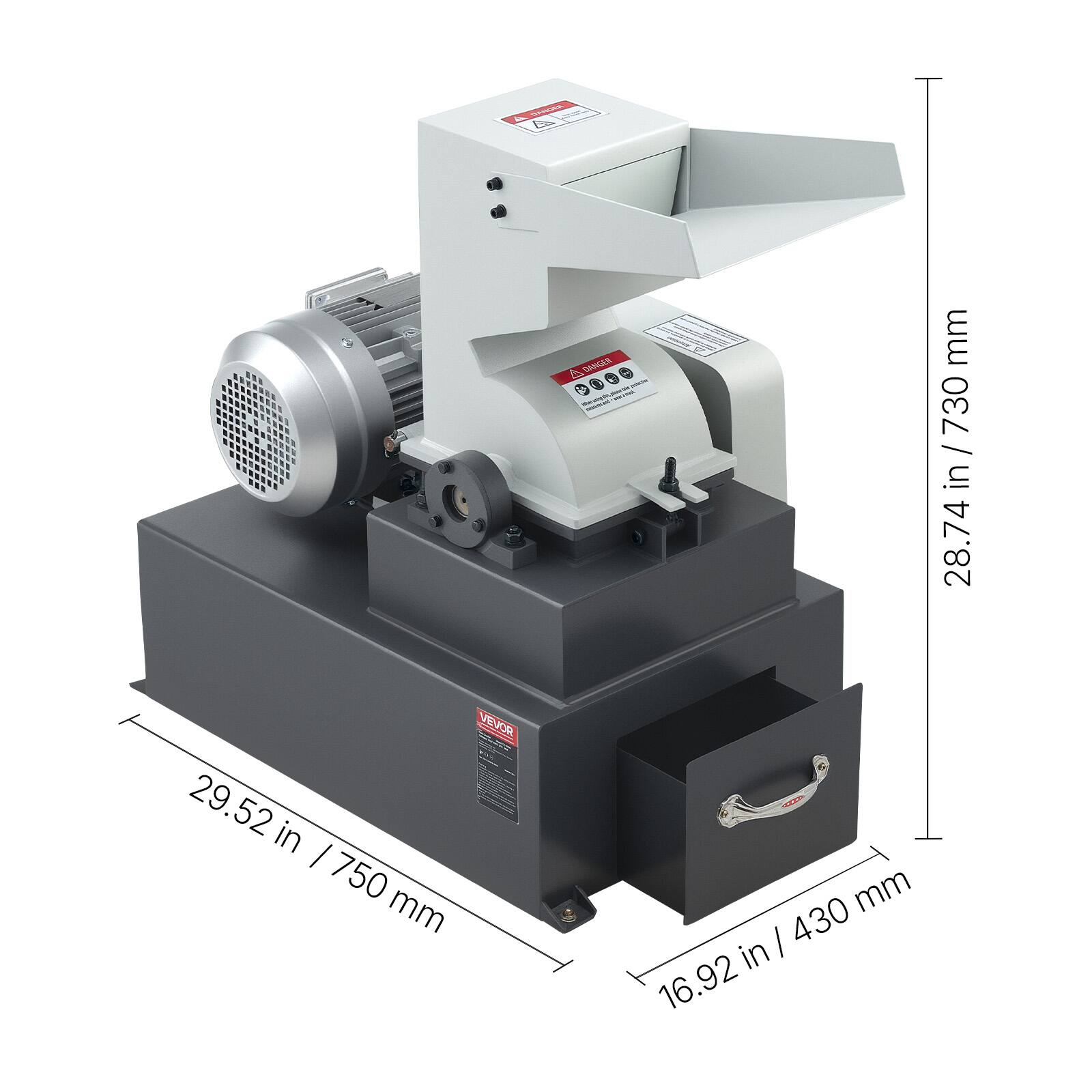 DANGER  
VEVOR  
29.52 in / 750 mm  
16.92 in / 430 mm  
28.74 in / 730 mm