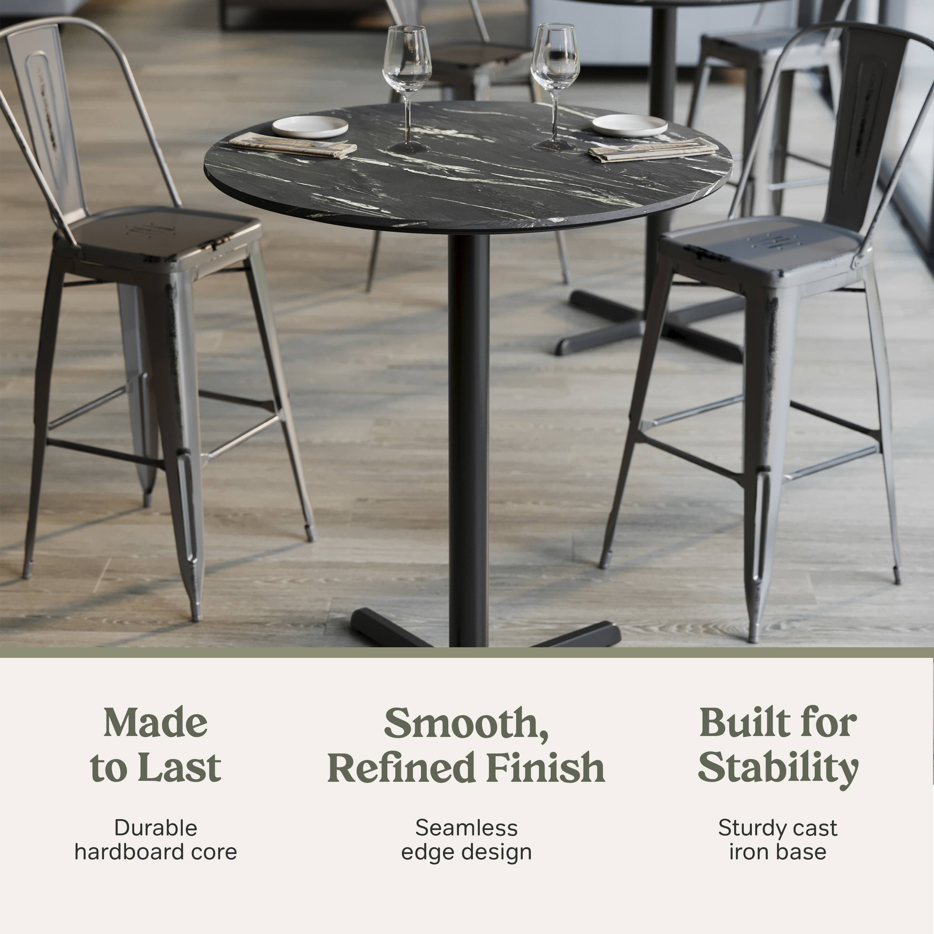 Made to Last  
Durable hardboard core  

Smooth, Refined Finish  
Seamless edge design  

Built for Stability  
Sturdy cast iron base