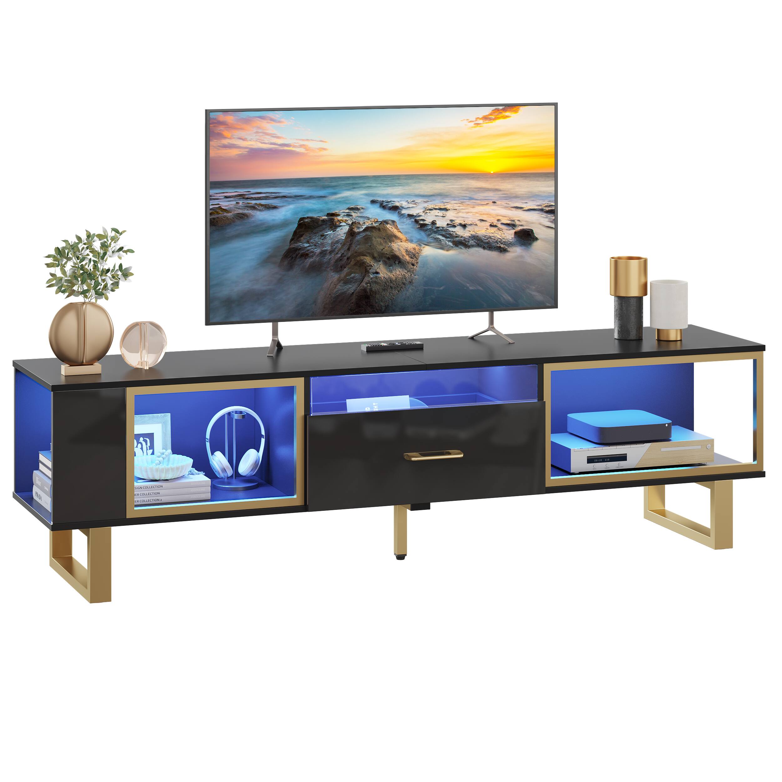Alt View 4. Bestier - LED Gaming TV Stand for TVs up to 80 Inch,Entertainment Center with Drawer & Storage for Living Room - Black Glossy.