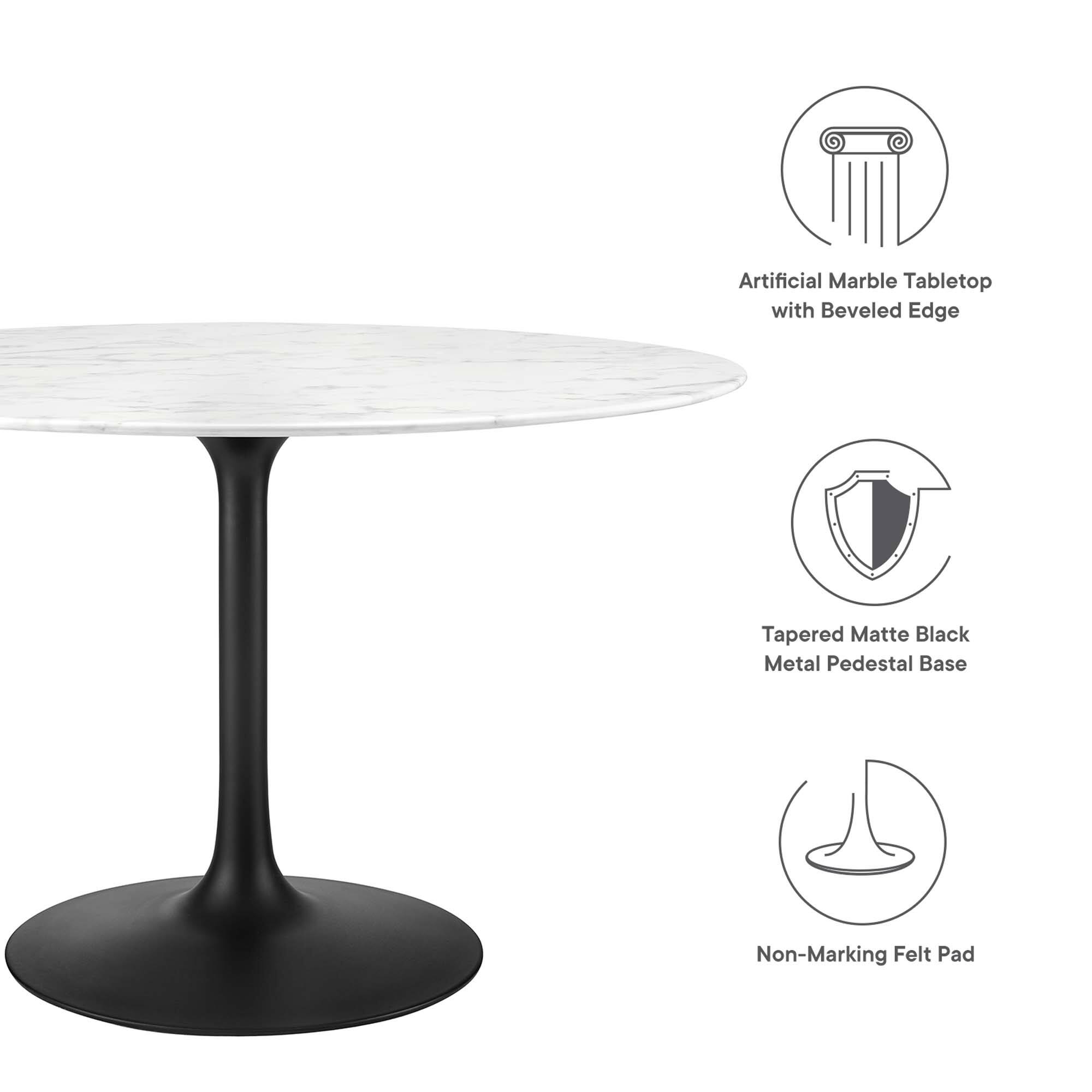 Artificial Marble Tabletop with Beveled Edge  
Tapered Matte Black Metal Pedestal Base  
Non-Marking Felt Pad
